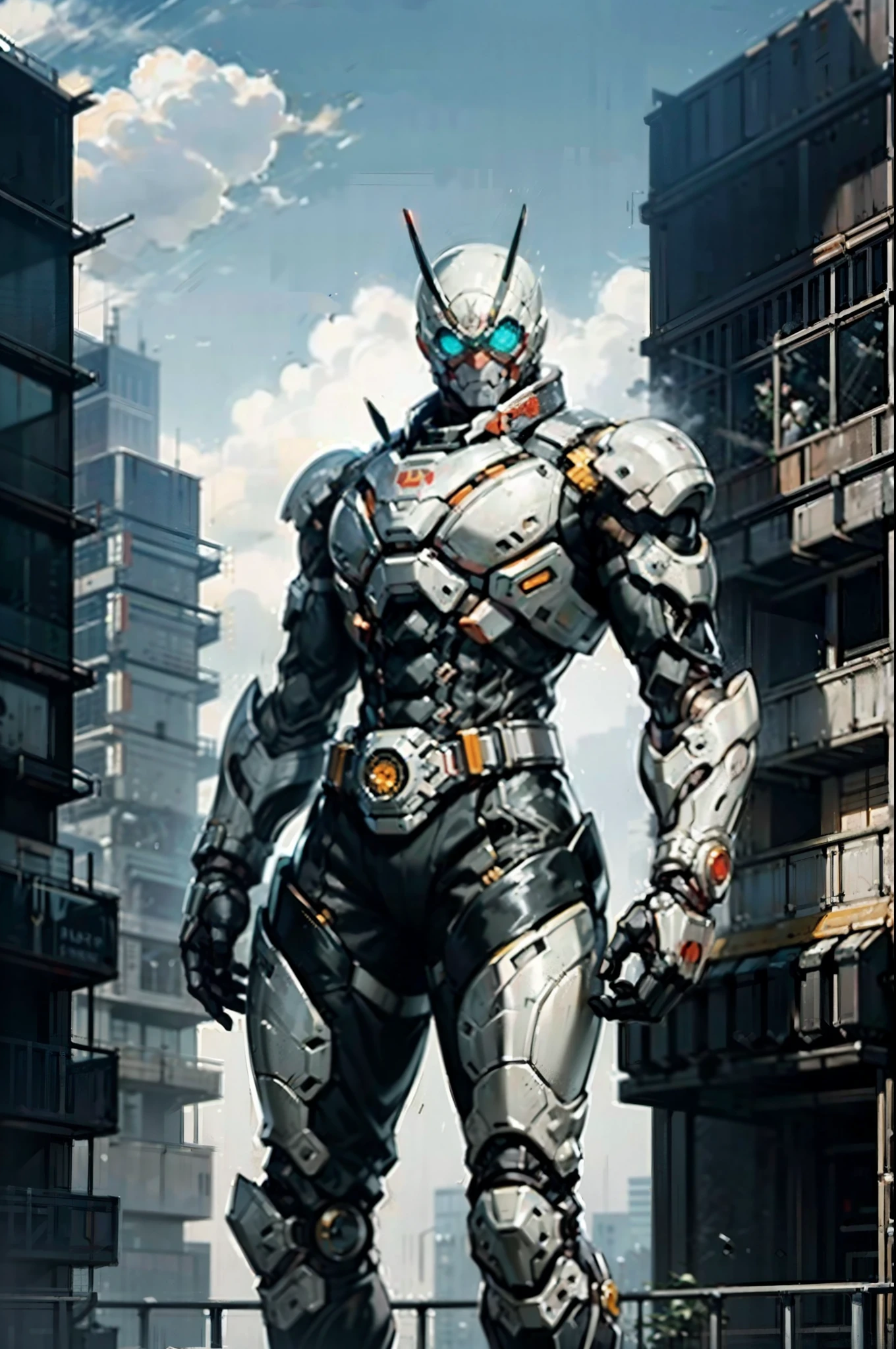 A super a high-tech biotech battle suit, standing on a rooftop, looking over the city, Japanese tokusatsu and American comic style, biometallic texture of the suit, sleek and shiny, dynamic, fast, natural light, cinematic, high quality, high resolution, high detail, sophisticated design, dramatic, high definition, ultra-detailed, ultra-fine painting, extremely delicate, creativity, Natural light, cinematic lighting, best shadow, masterpiece-anatomy-perfect