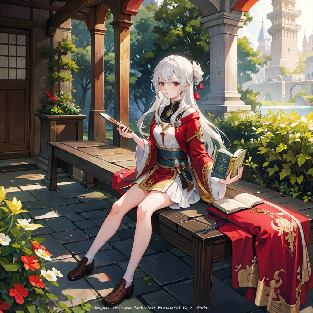 (masterpiece, top quality, best quality), 1girl,1female,1solo, full body, 1female long silver white hair sitting on a bench in a garden holding a magic book, cushart krenz key art feminine, alchemist girl, isekai, wlop and sakimichan, 2. 5 d cgi anime fantasy artwork, r /art, r / art, r/art, roleplaying game art, light red and dark yellow robes, genshin, rpg maker