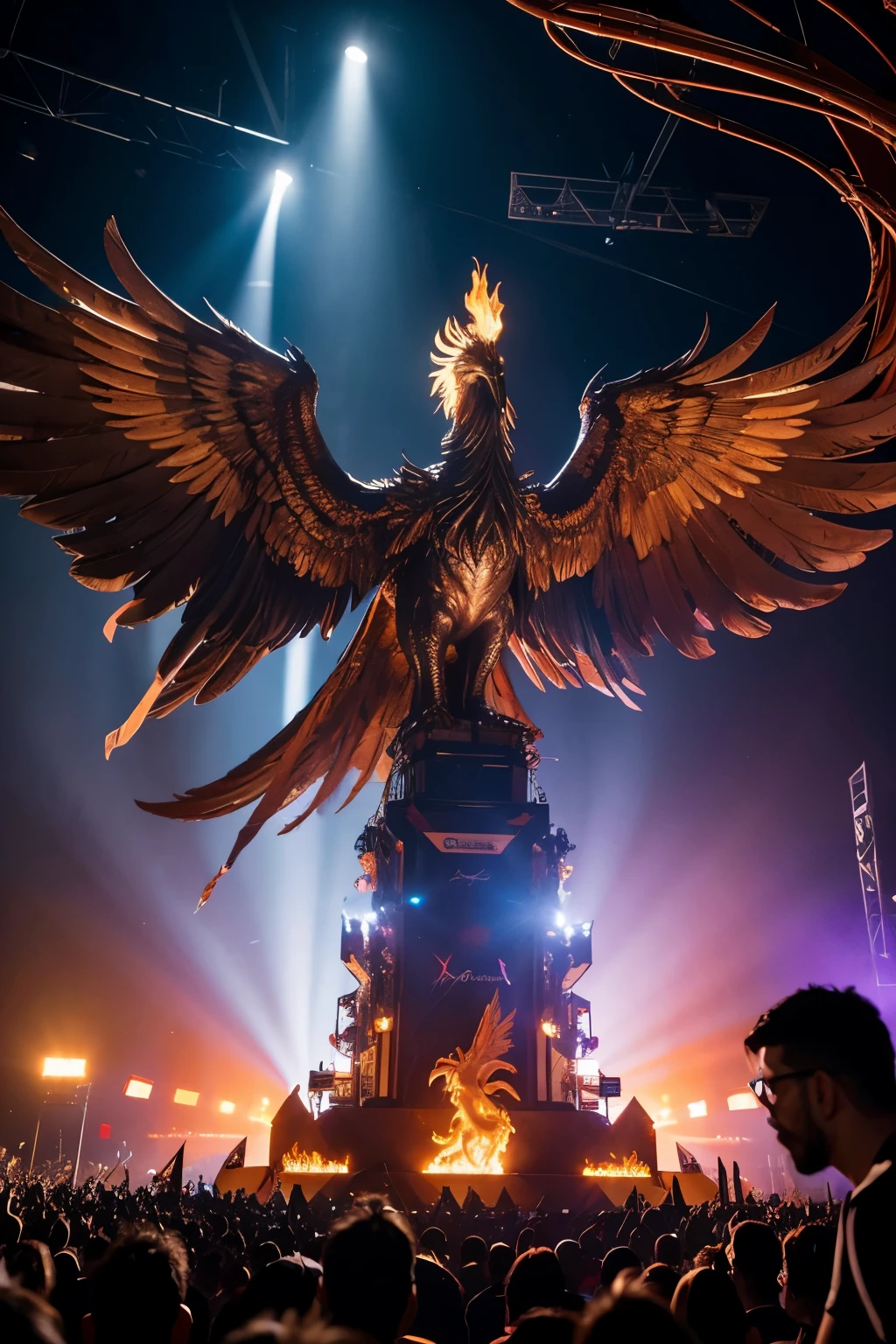 A large 6-meter-tall metal phoenix statue,Standing in the audience at the electronic music festival