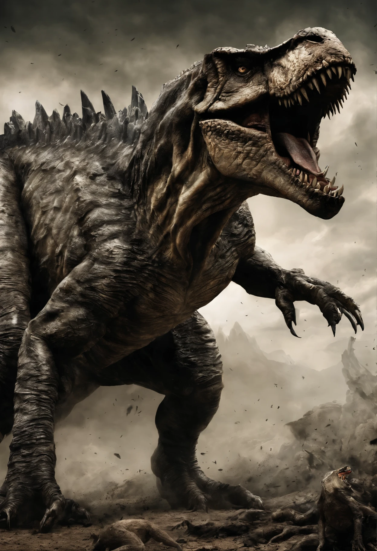 Em uma paisagem exuberante e selvagem, um Tirannosaurus Rex majestoso surge das profundezas de seu habitat. With impressive strength and imposing ferocity, ele se encontra cercado por tigres ferozes e ursos enfurecidos. 

As the ground trembles beneath your feet, Tyrannosaurus Rex analyzes its opponents with piercing eyes, every muscle ready for confrontation. Os tigres desviam seus olhares, rosnando com ousadia, suas garras afiadas prontas para o ataque. Ao mesmo tempo, os ursos, rugindo ferozmente, mostram suas garras gigantes, displaying your strength and endurance.

The battle begins with a frightening bang. The T-Rex uses its powerful jaw to try to take down tigers, throwing them into the air like small prey. Enquanto isso, agile tigers take advantage of their speed and jump deftly, buscando um ponto fraco para atacar.

Os ursos, not wanting to be left behind, advance with impressive ferocity. Com suas garras afiadas, they try to take down the prehistoric giant, investing with unparalleled strength. O T-Rex, por sua vez, swings its mighty tail, challenging the bears in a clash of resistance and dominance.

Enquanto a batalha continua, os rugidos ecoam pela paisagem, mixed with the grunts of tigers and the thunder of Tyrannosaurus Rex&#39;s feet. It&#39;s a true show of strength, skill and unbridled fury.

A cada investida, os tigres e ursos testam os limites do T-Rex. But its grandeur and massive bone structure prove to be advantageous. Enquanto luta, the prehistoric giant remains resilient, using its powerful teeth to defend itself from attacks and its hind legs to fend off intrepid tigers and bears.

When the sun starts to set, exhaustion takes over the fighters. Observando o caos que se desenrolou, o Tirannosaurus Rex, triunfante, gives a deafening roar that resonates across the landscape. Enquanto os tigres e ursos, enfraquecidos, se retiram, it is evident that the king of prehistory continues to reign only