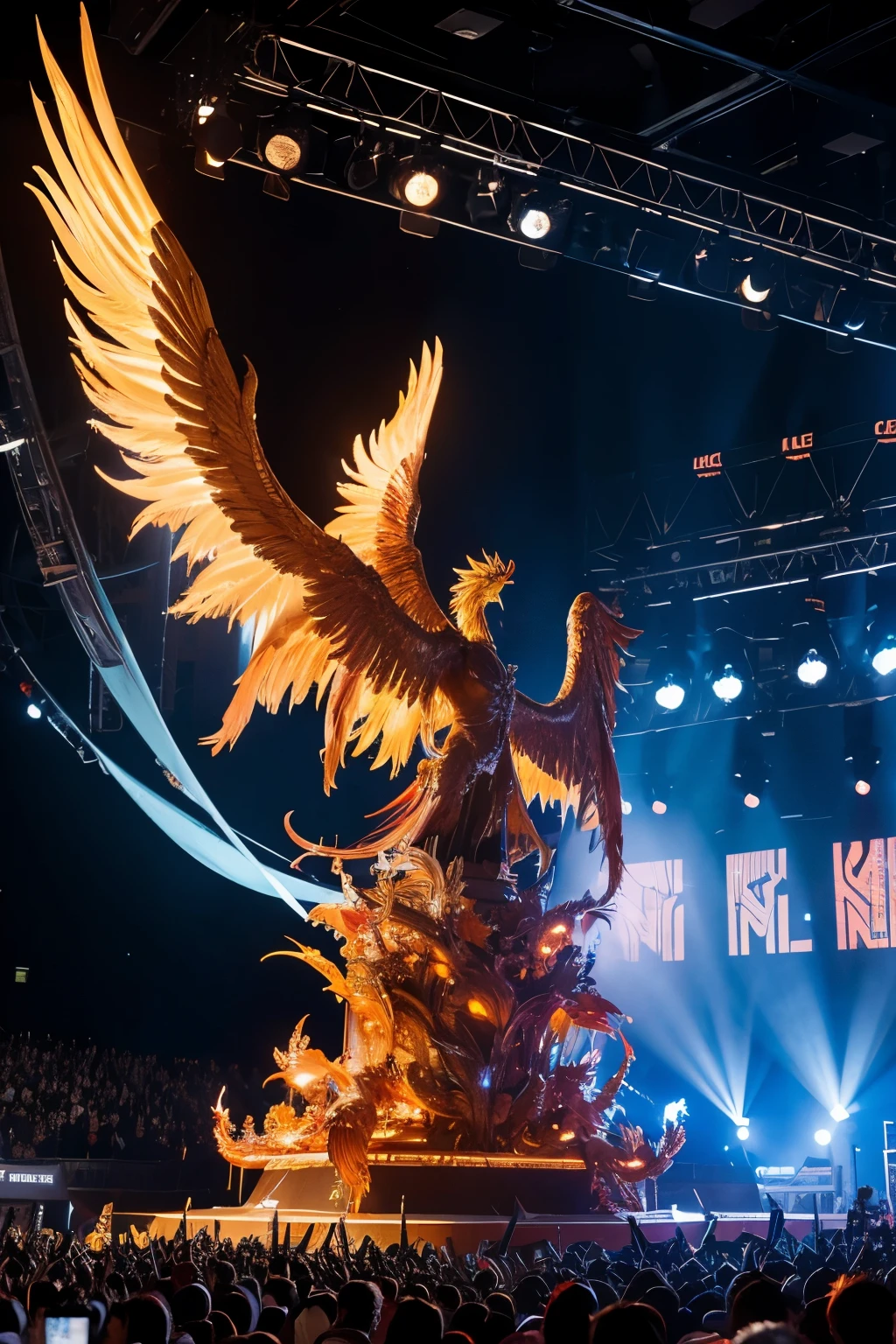 A large 6-meter-tall metal phoenix statue，Standing in the audience at the electronic music festival