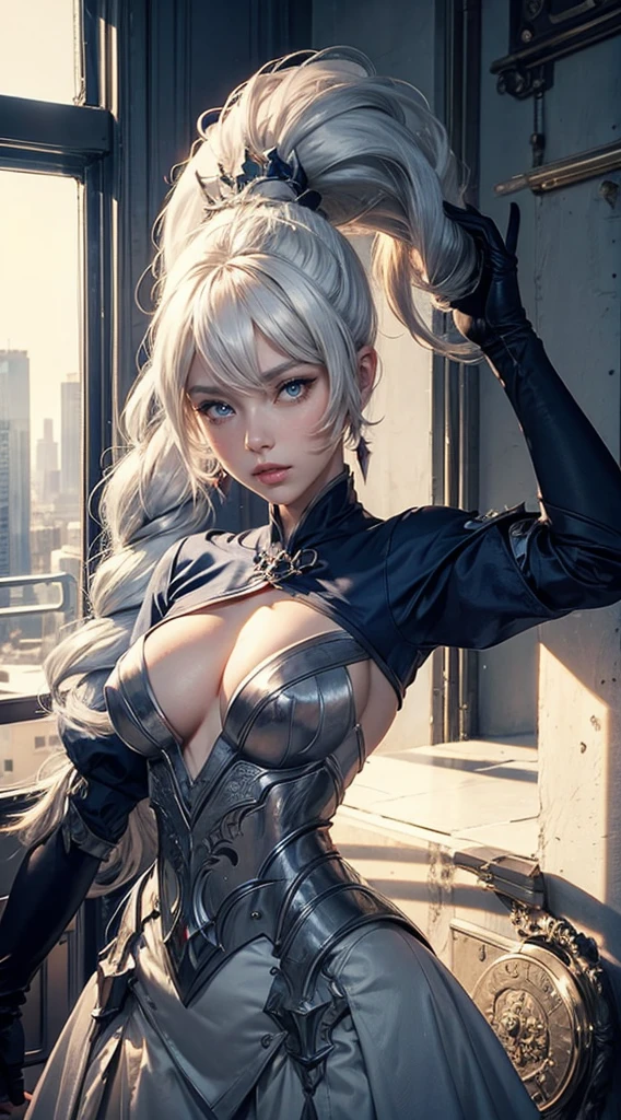 masterpiece, (standing:1.1), dynamic pose, heart shaped face, elegant face, beautiful face, highly detailed face, highly detailed skin, skin pores, subsurface scattering, realistic pupils, looking at viewer, full lips, depth of field, sharp focus, absurdres, realistic proportions, good anatomy, (realistic, hyperrealistic:1.4), 16k hdr, weiss schnee, standing in train, long white hair, side ponytail