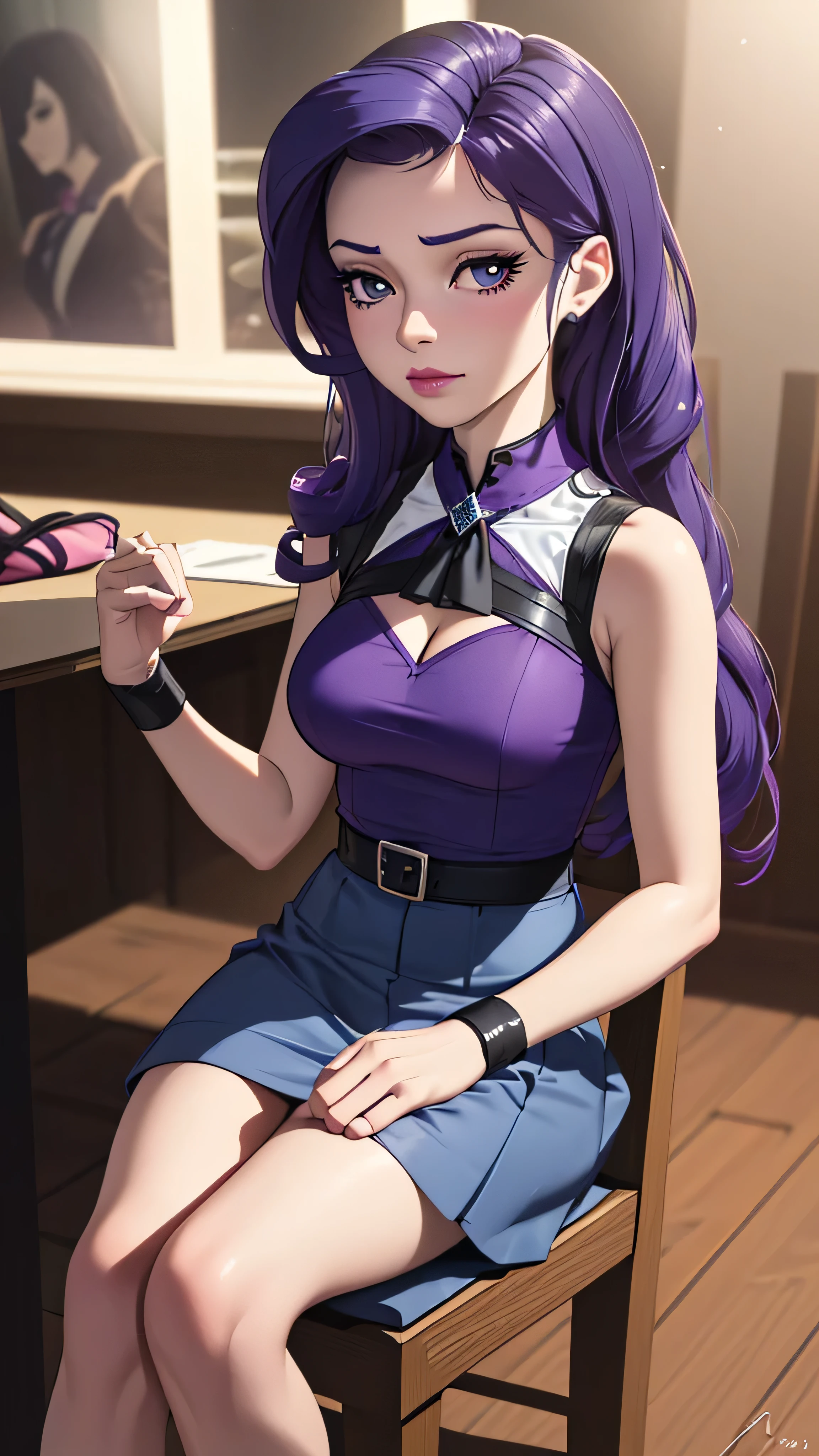 Rarity, equestriagirls, kidnapped tied to a chair, nervous, gagged, hands tied behind her back, feet tied. Sleeveless blue blouse, jewelry, purple miniskirt, diamond heels.

(best quality, 4k, 8k, highres, masterpiece:1.2), ultra-detailed, (realistic, photorealistic, photo-realistic:1.37), HDR, UHD, studio lighting, ultra-fine painting, sharp focus, physically-based rendering, extreme detail description, professional, vivid colors, bokeh.

portraits, equestrian, fashion, suspense, thriller, high-end, elegant, glamorous.

vibrant colors, with a touch of purple and blue, contrasting shadows, soft and warm lighting.