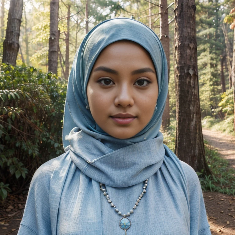 RAW, Best quality, high resolution, masterpiece: 1.3), beautiful Malay woman in hijab,Masterpiece, perfect fit body, (Huge breastig gorgeous eyes, Soft smile,woman in a light blue scarf standing in mountain, lovely woman, hijab, malay, Beutifull girl, with lovely look, casual pose, beautiful lady, shawl, beautiful woman, with accurate, scarf,Delicate turtleneck, necklace, shairband, afternoon walk forest, Excellent lighting, Bright colors, Clean lines