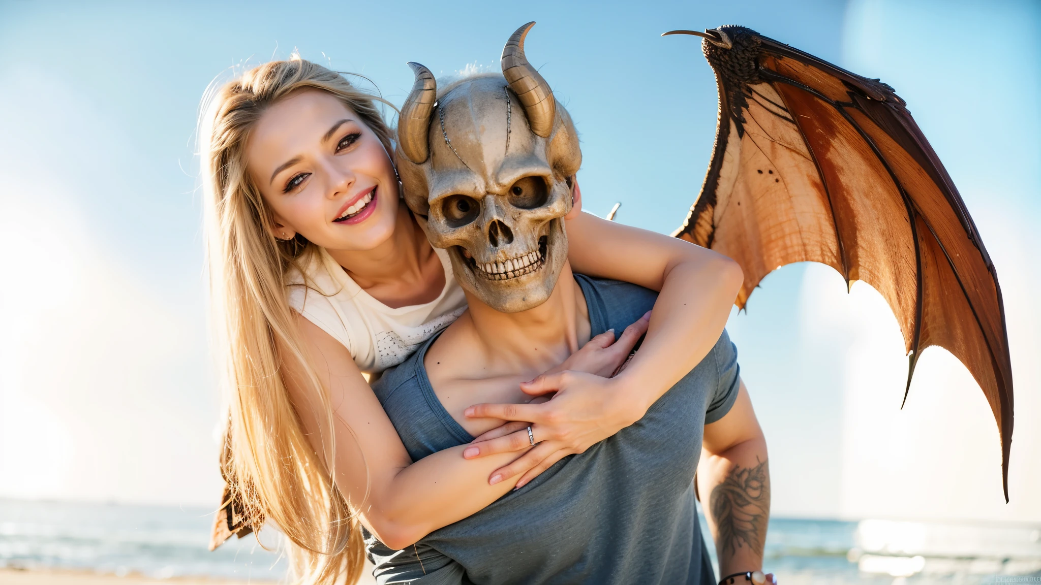 there is a blond woman holding a man with a devil face with wings, woman loves demon, scary creatures in background, high quality fantasy stock photo, with an animal skull for a head, with magical creatures, fantasy character photo, portrait shot, realistic image, 16k resolution
