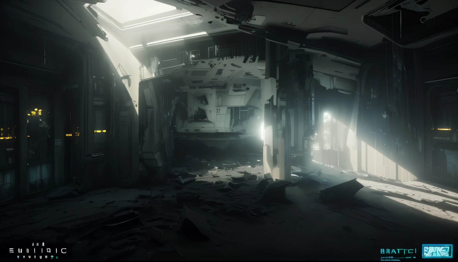 a Sci fi Horror Space Ship interior damaged abandoned background photography, natural light, photorealism, cinematic rendering, ray tracing, the highest quality, the highest detail, Cinematic, View, Blur Effect, Long Exposure, 8K, Ultra-HD, Natural Lighting, Spooky mist Moody Lighting, Cinematic Lighting
