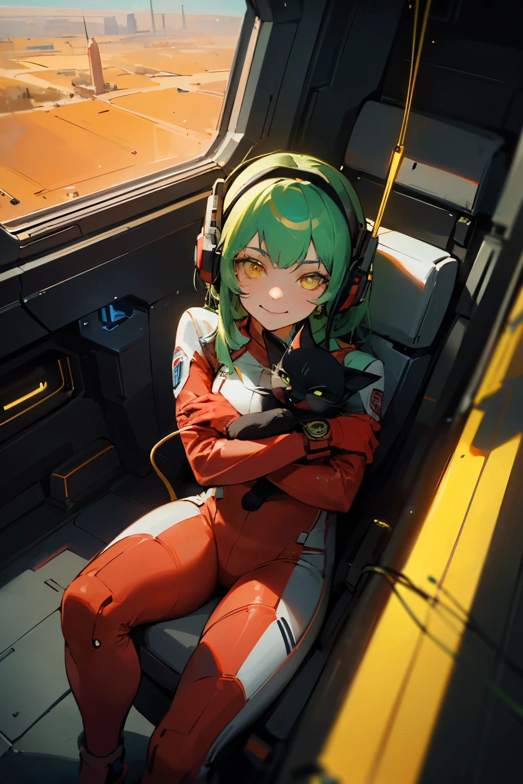 1girl hugging a black kitten, age25, mature face, smirk, 1980's style green hair, yellow eyes(brightly glowing), sitting on spaceship pilot seat, wearing a red flight suit and headset(attached wires), LED lamps, neon details, sci-fi, ray gun Gothic aesthetic, from above, cosmos and stars outside spaceship window(highly detailed, absurdes, high res, chiaroscuro, ultrasharp, 8k, masterpiece, looking at viewer,