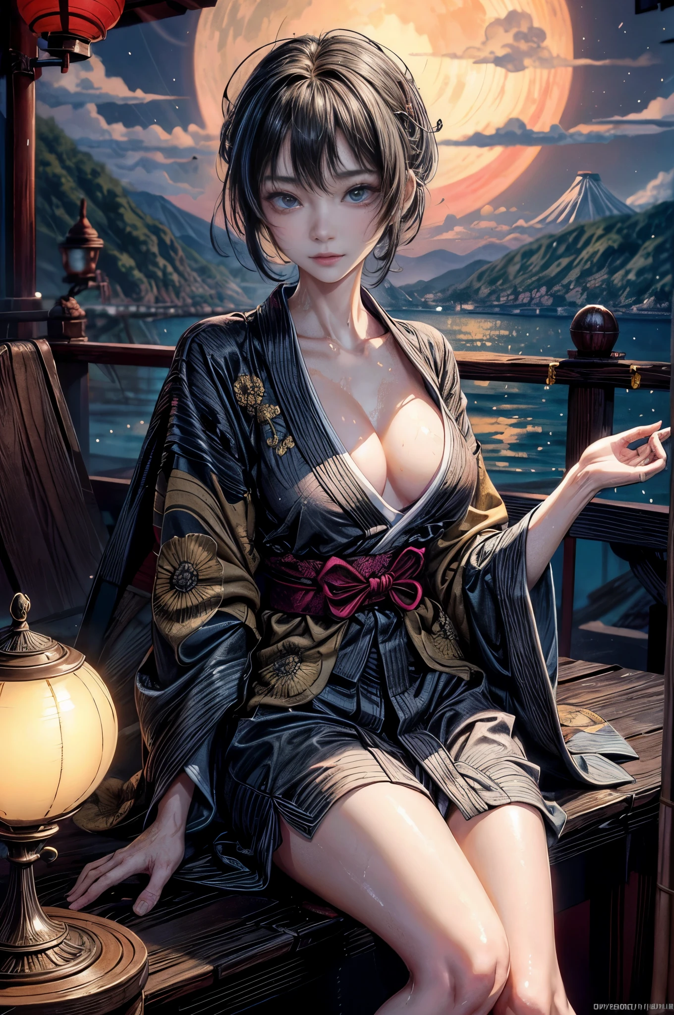 cinematic lighting、16k quality、highly detailed skin、muste piece,1 girl, solo、best quality,cyber punk,(1 beautiful woman、Detailed beautiful facial features:1.3)(black short hair、hair is wet、Hairstyles that go well with yukata:1.3)(well-shaped chest:1.3)blue eyes, thin japanese yukata、A thin yukata with a Japanese dragon pattern、Japanese YUKATA、(smile shyly、Turn around:1.3)become intoxicated、Immediately after bathing(night、深night、Looking at the sea from the window of the inn、Sit down、mount fuji:1.2)body is wet(trip、full moon、Moonlight、sea of clouds:1.2)(Dragon-shaped object on the table、relaxing after a hot bath、New year feeling:1.6)