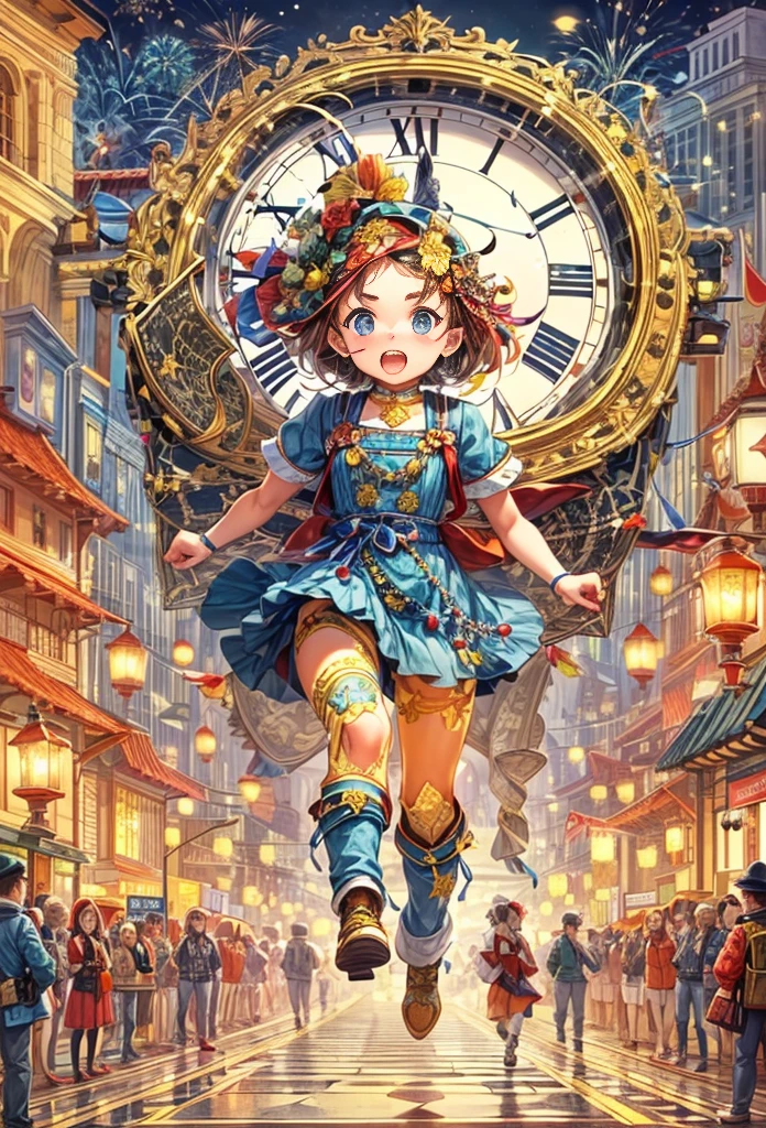 New Year 2024,New Year,Clock hands midnight,flat illustration,flat illustration,(A girl stands on top of a super big clock and runs forward,Look at the audience:1.5),(anatomically correct, Exquisite face makeup , pretty face, Perfect face proportions,golden ratio body),(Advanced facial details:1.1), full of imagination,warm scene,festive,fireworks,lanterns,celebrate New Year,Vector illustration
