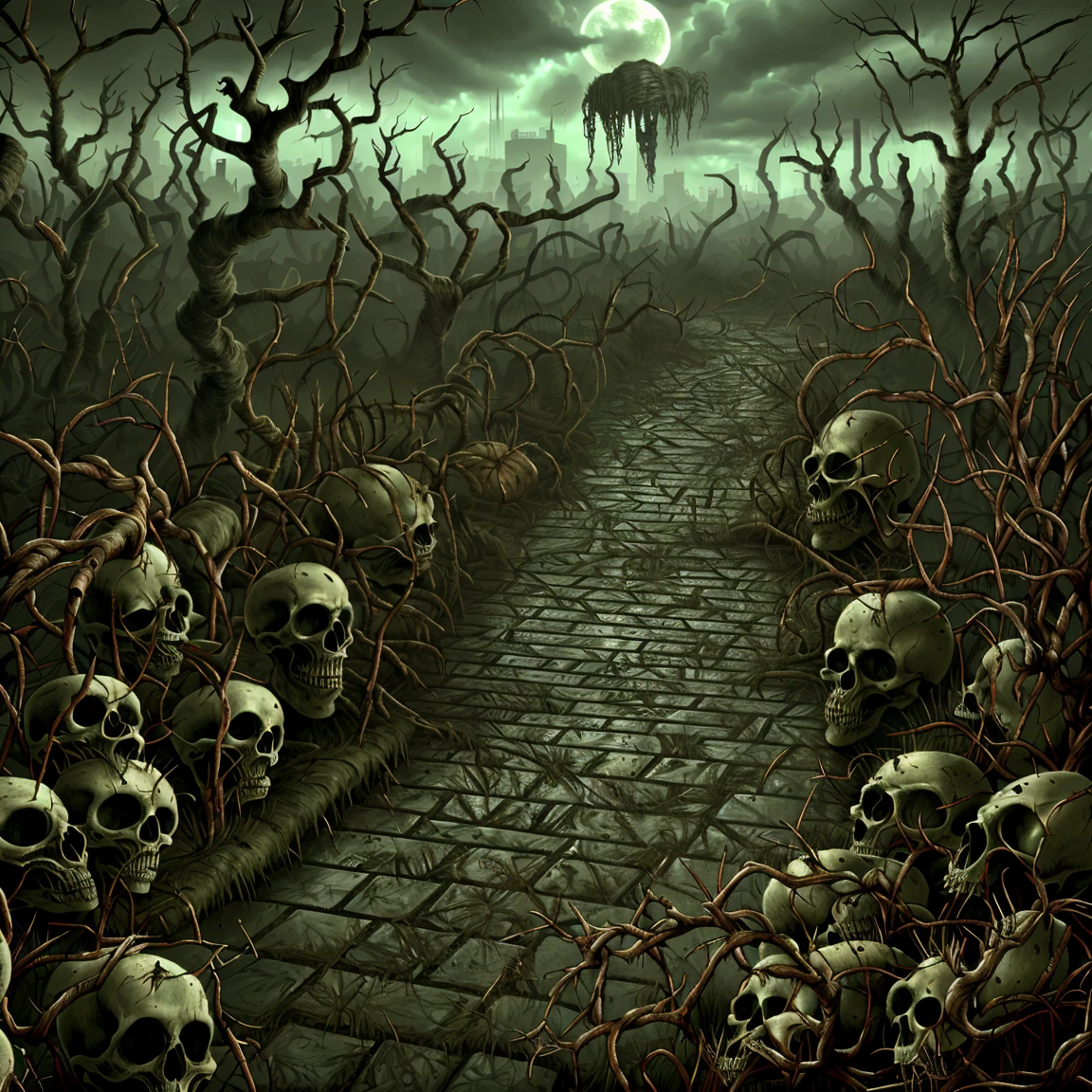 (best quality,4k,8k,highres,masterpiece:1.2),ultra-detailed,realistic,photorealistic:1.37,intricate horror art, mental horror, inner madness, horror art, a vast garden with many diabolical vibes, rotten landscape, evil, thorns and spiked walls, darkness illustration.