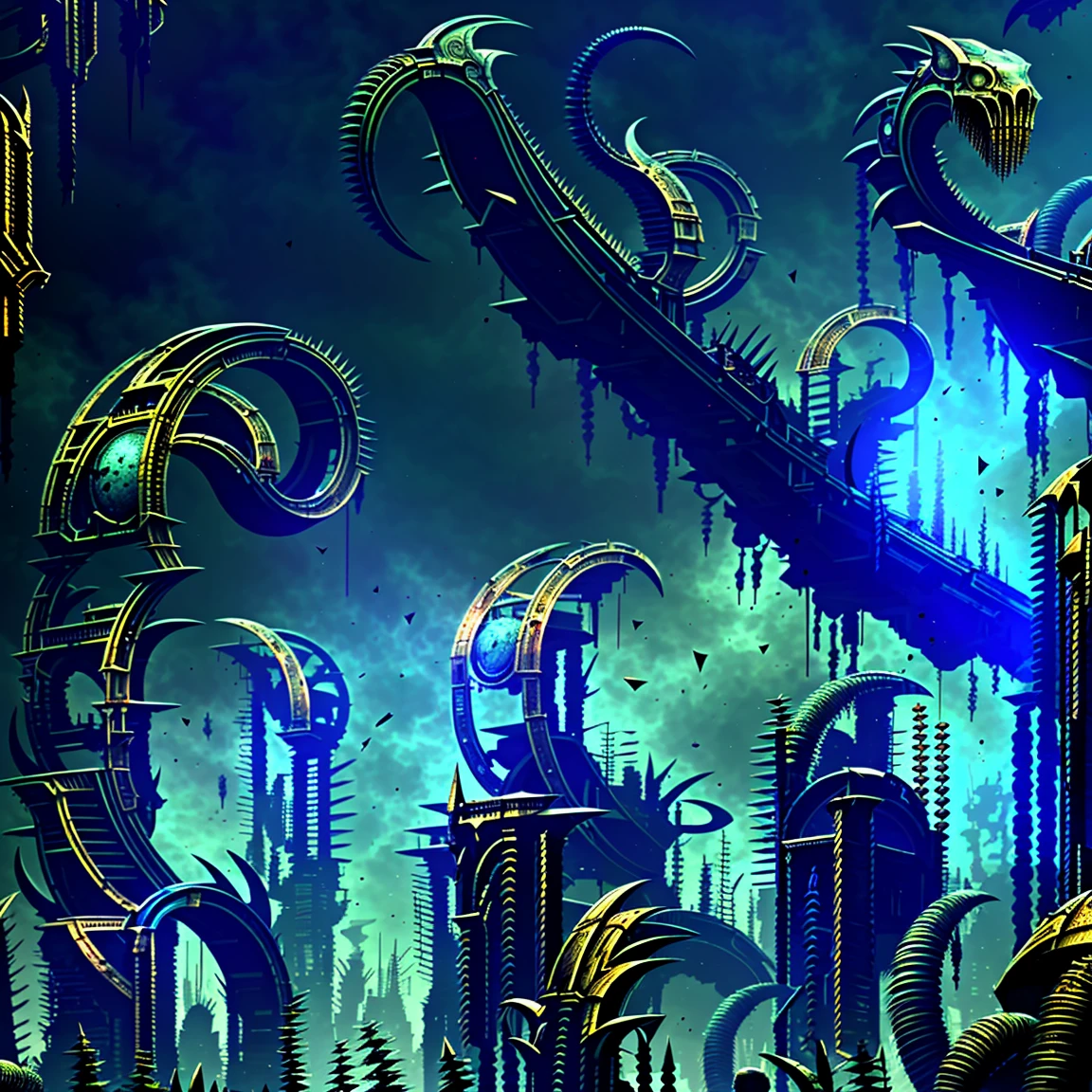 view from the top of peak, horrible futurist biomechanical valley in ruins, evil sculptures, cosmic horror, abyss view, evil and madness, thorns, spiked walls. Sky in suffering. Creepy illustration, Horror art, color drawing, unreal engine, UHD, art by Derek Riggs.