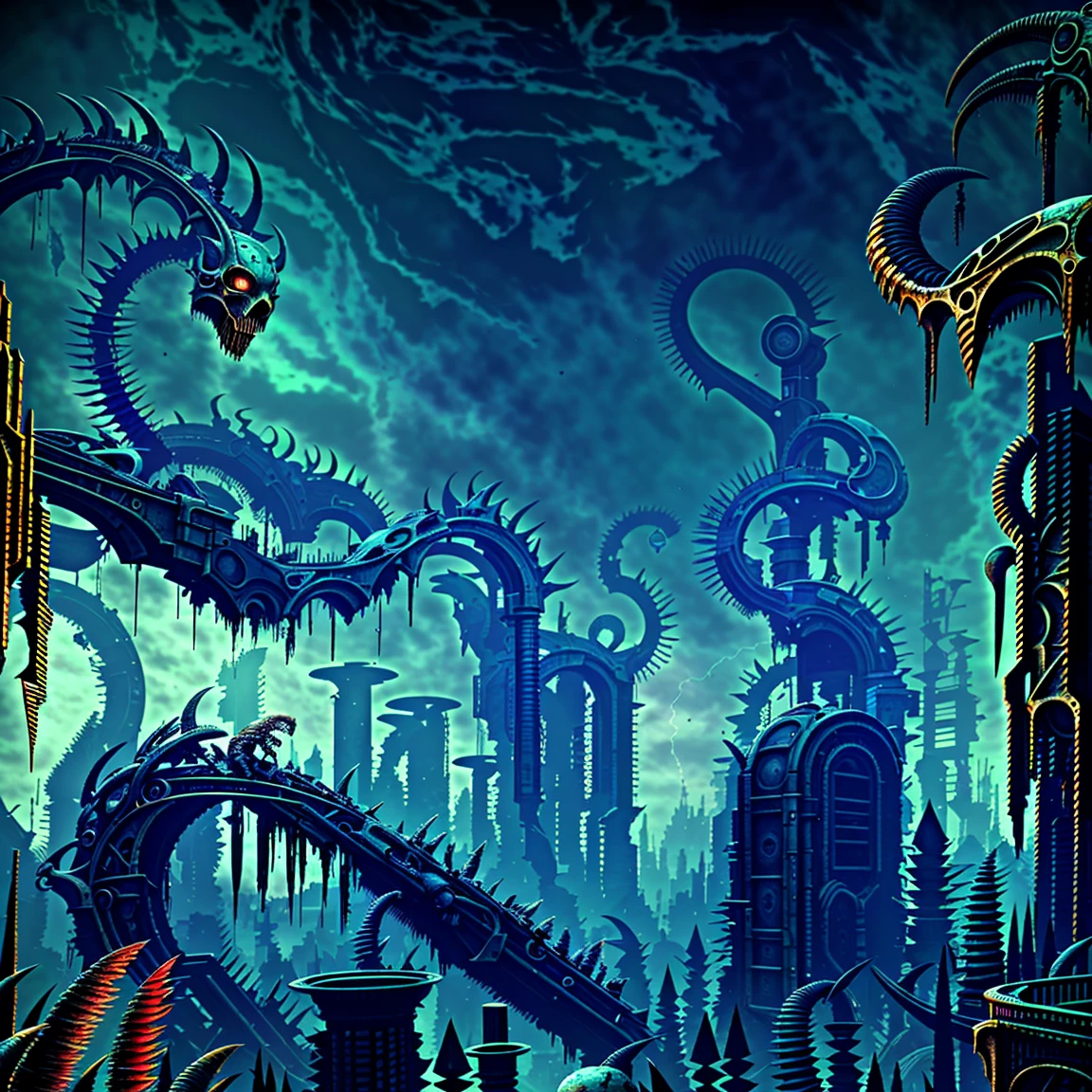 view from the top of peak, horrible futurist biomechanical valley in ruins, evil sculptures, cosmic horror, abyss view, evil and madness, thorns, spiked walls. Sky in suffering. Creepy illustration, Horror art, color drawing, unreal engine, UHD, art by Derek Riggs.