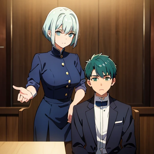 A  man, his hair is blue. His haircut style is wolfcut. His eyes are emerald green. And she looks beautiful... she wears a brown private school uniform. He's alone. Please make just one character.. 