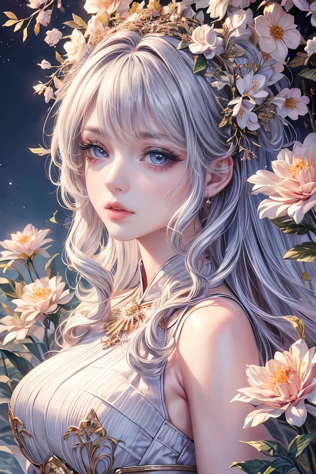 (best quality,8K,CG),detailed upper body,lonely girl,floral forest background,complex facial features,elegant long curly hair,almond-shaped big eyes,detailed eye makeup,long eyelashes,twinkling stars,exquisite lip details,soft and harmonious style.