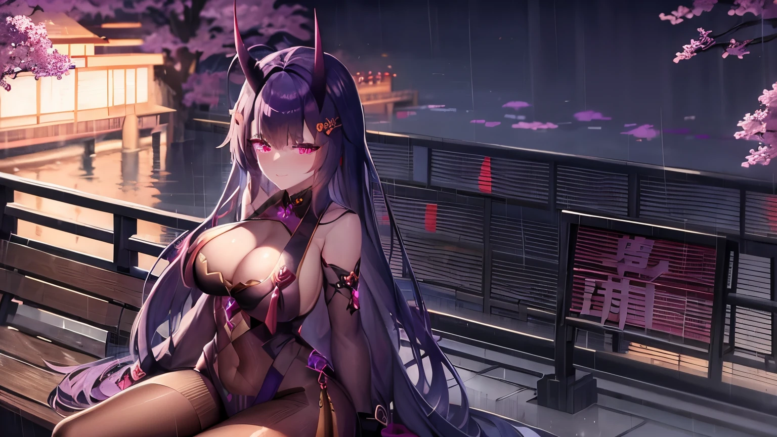 8k, detailed face,anime girl with horns and purple eyes in the rain, mika kurai demon, attractive matoi ryuko, demon anime girl, portrait of a female demon, portrait gapmoe yandere grimdark, demon girl, ryuko matoi, portrait of demon girl, succubus, shalltear bloodfallen, shalltear from overlord, Park with sakura tree in background, a summer day, midday, bridge across a river, a parkbench under a tree, clear sky, sitting on bench,