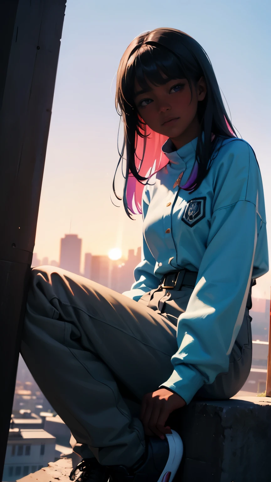 Pretty black woman sitting on a hillside, soft hair, funkypop, cyberdelic, grunge, hyperrealistic anime, lofi art, luminism, manga, medium shot, chemiluminescence, flare, flourescent lightin, character design, atey ghailan, basquiat, colorful_frequencies, electric colors, iridescent, dynamic pose, nouveau realisme, city background, african american, casual clothing, sunlight 