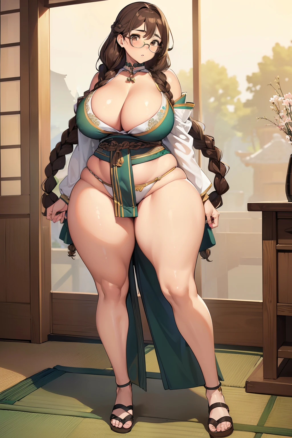 ((Giant saggy tits)),((caderas anchas)),((Chica blanca)),((Long brown hair with braids)),((brown eyes)),((thicc thights)),((gafas)),Thicc MILF,((Ropa de diosa japonesa)),((full body))