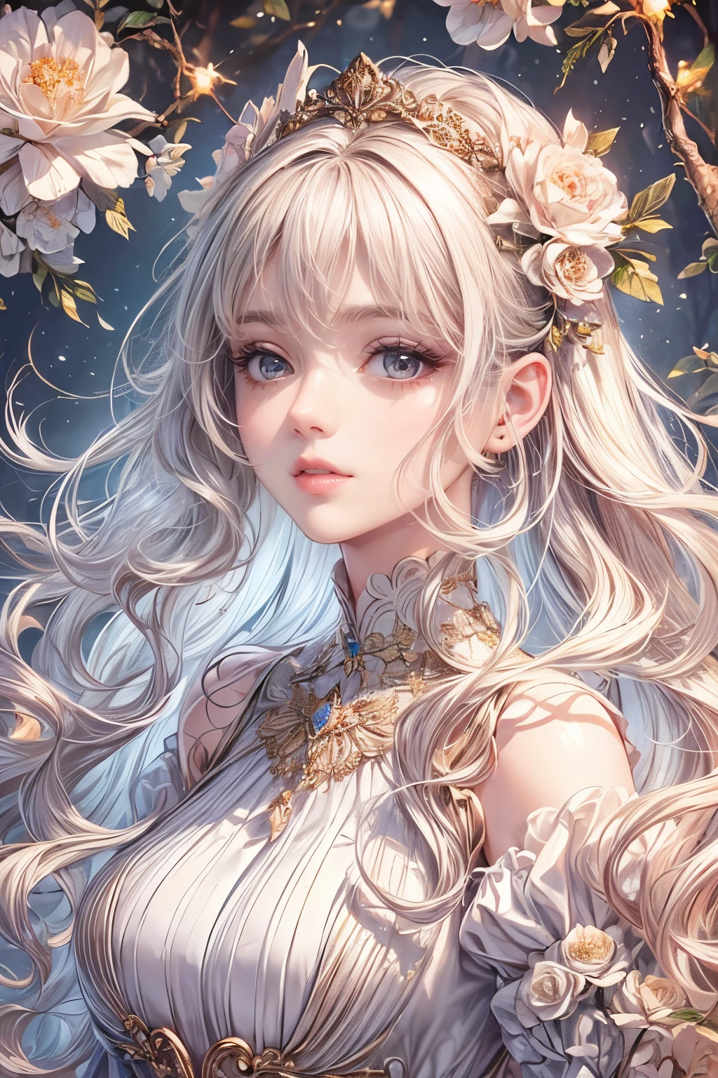 (best quality,8K,CG),detailed upper body,lonely girl,floral forest background,complex facial features,elegant long curly hair,almond-shaped big eyes,detailed eye makeup,long eyelashes,twinkling stars,exquisite lip details,soft and harmonious style.