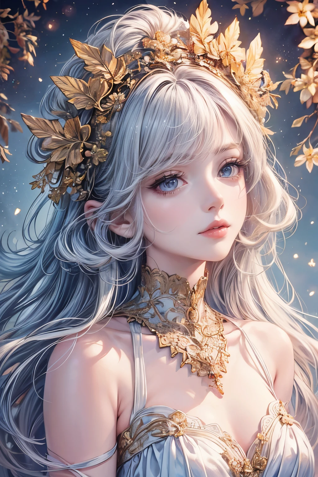 (best quality,8K,CG),detailed upper body,lonely girl,floral forest background,complex facial features,elegant long curly hair,almond-shaped big eyes,detailed eye makeup,long eyelashes,twinkling stars,exquisite lip details,soft and harmonious style.