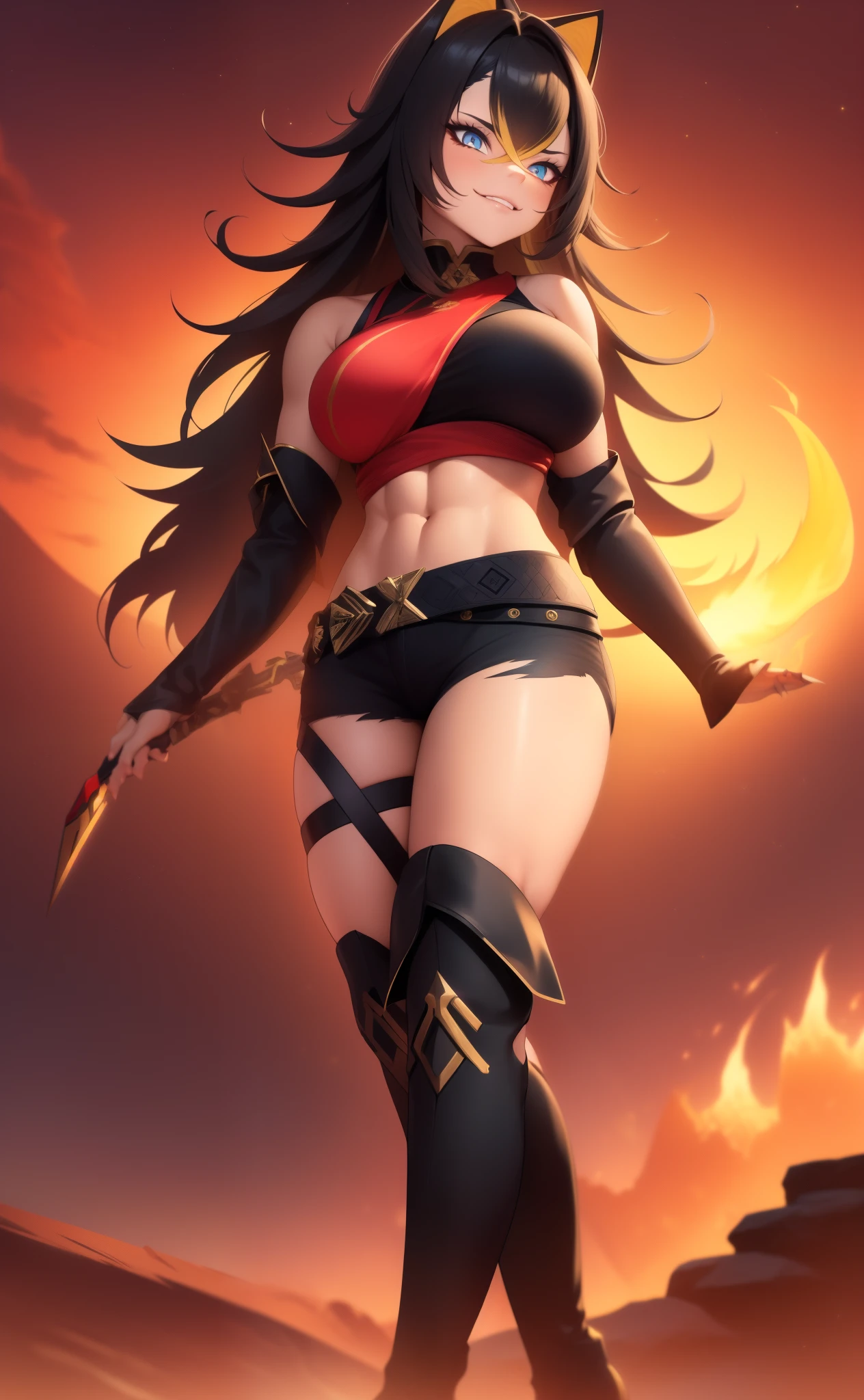 [dehya], [genshin_impact], ((masterpiece)), ((HD)), ((high res)), ((solo portrait)), ((front view)), ((feet visible)), ((anime)), ((detailed shading)), ((cinematic lighting)), {woman; (brown skin), (cute light-blue eyes), (short eyelashes), (long black hair), (two toned hair), (gold highlights in hair), (medium boobs), (defined muscles), (thick thighs), (beautiful muscular legs), (smug smirk)}, {(red and black top), (torn black shorts), (knee high boots), (heels on boots), (metal claws), (black belt), (gold buckle), (leg straps), (cat ears)}, {(standing), (fire from hand), (looking at viewer)}, [background; (desert), (sunset), (starry sky), (fire), (ambient lighting)]