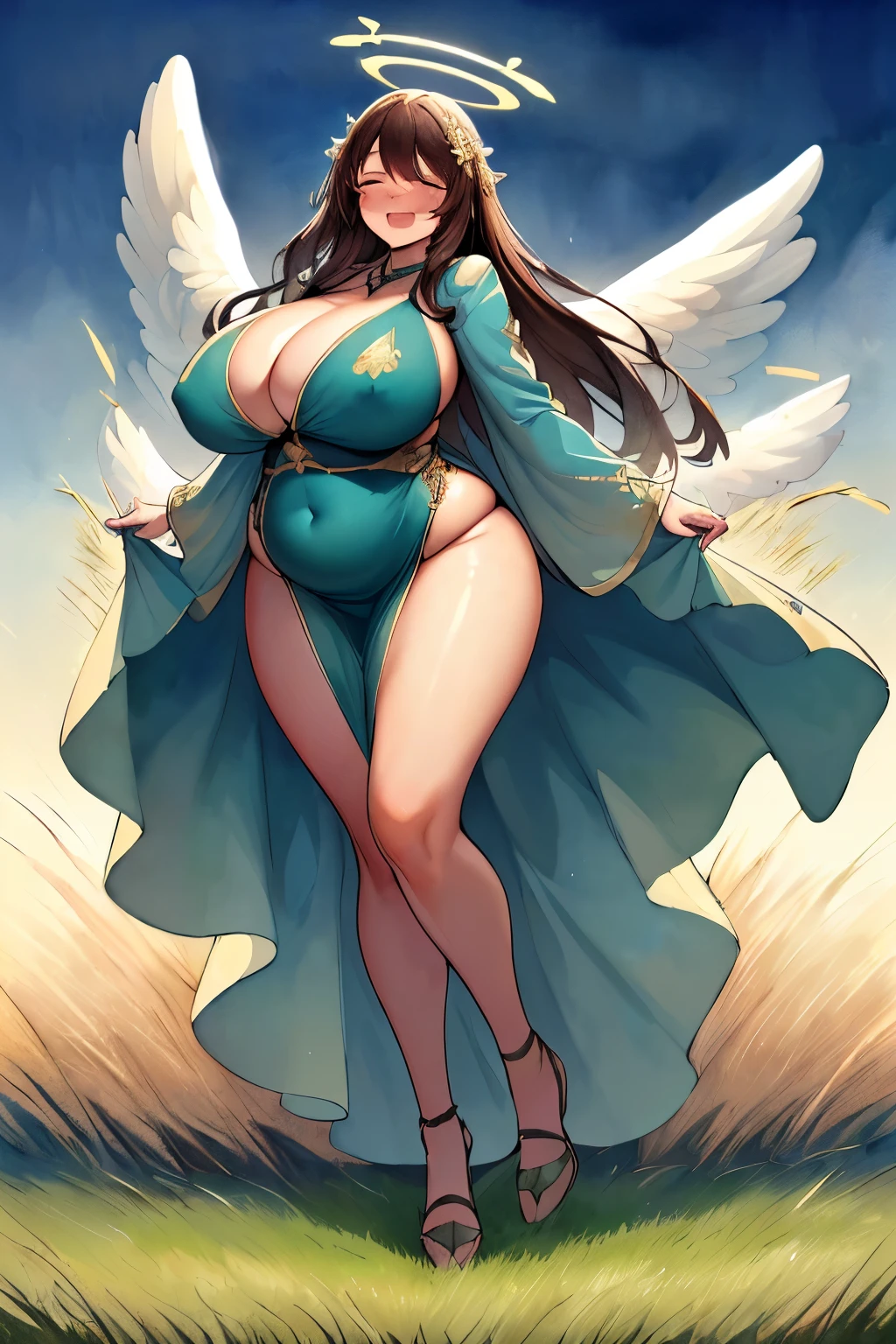 Anatomical, Award-winning concept art, fine details, ultra detailed, masterpiece, best quality, 1girl, ((((full body)))), ((absurdly long Chocolate brown hair)), thick hair, huge angel wings, toga, large breasts, (plump), relaxed, ((chubby, angel)), (((((tight fitting gown))))), ((((opaque teal colored gown))), ((angel halo)), small wings, warmly smiling, laughing, (full of joy), gold eyes, motherly, (mommy), (((closed eyes))), gigantic, voluptuous, fat rolls, pencil sketch and watercolors, ((watercolor speedart illustration)), (body blush:0.9), volumetric lighting, spiritual, ethereal, glowing, (((((dynamic angle))))), very detailed background, (((blushing))), plump ass, (((((fully covered))))), ((long sleeves)), (((((field of grass at night)))))