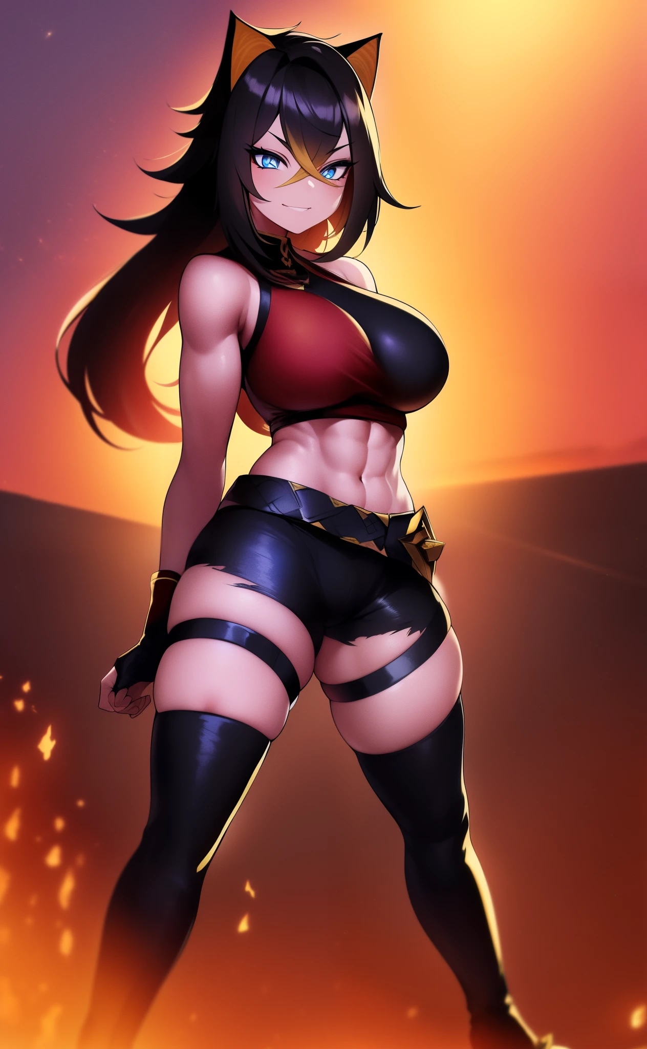 [dehya], [genshin_impact], ((masterpiece)), ((HD)), ((high res)), ((solo portrait)), ((front view)), ((feet visible)), ((anime)), ((detailed shading)), ((cinematic lighting)), {woman; (brown skin), (cute light-blue eyes), (short eyelashes), (long black hair), (two toned hair), (gold highlights in hair), (medium boobs), (defined muscles), (thick thighs), (beautiful muscular legs), (smug smirk)}, {(red and black top), (torn black shorts), (knee high boots), (heels on boots), (black fingerless gloves), (black belt), (gold buckle), (leg straps), (cat ears)}, {(standing), (fire from hand), (looking at viewer)}, [background; (desert), (sunset), (starry sky), (fire), (ambient lighting)]