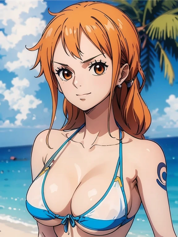 Nami wears a bikini top and super red miniskirt, uma obra-prima , Retrato bonito , arte de anime digital detalhada , Muito detalhes Artgerm haha, deviantart artstation cgsscosiety , fanart melhor artstation, Artgerm. alto detalhamento, seios grandes, deitada na areia.