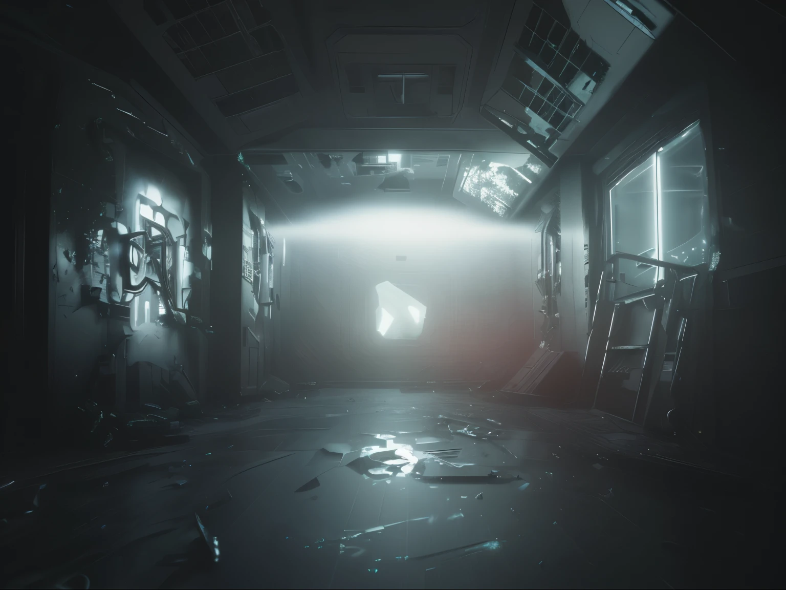 a Sci fi Horror Space Ship interior damaged abandoned background photography, natural light, photorealism, cinematic rendering, ray tracing, the highest quality, the highest detail, Cinematic, View, Blur Effect, Long Exposure, 8K, Ultra-HD, Natural Lighting, Spooky mist Moody Lighting, Cinematic Lighting