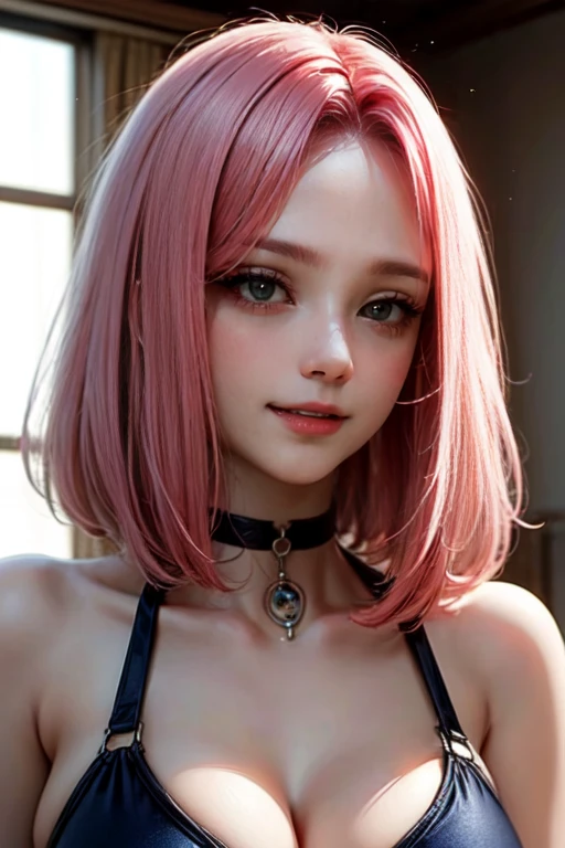 (highest quality, High resolution, muste piece:1.2), Super detailed, realistic:1.37, pink hair, bob hair, sleepy eyes, beautiful and detailed eyes, Dense and beautiful lips, smile, choker, woman、Her breasts are very big and beautiful、put　blank　in mouth、drool flows from the mouth、 in mouthに穴が開いたボール