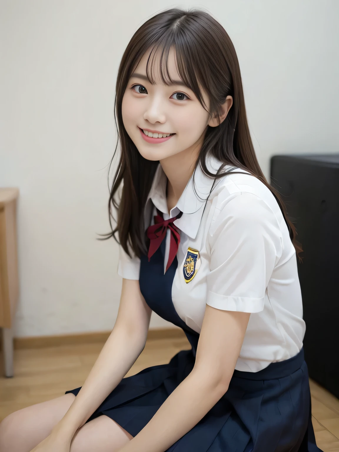 (Close-up of a slender small-breasted girl wearing a high school uniform:1.3)、(cute girl is looking at me and smiling: 1.5)、(no background:1.3)、(anatomically correct:1.3)、(full hand:1.3)、(Refers to the whole:1.Photoreal site、Raw photo、pieces fly、highest quality、High resolution、delicate and cute、perfect face、Fine and beautiful air skin around the eyes、real human skin、pores、((thin legs))、(black hair)