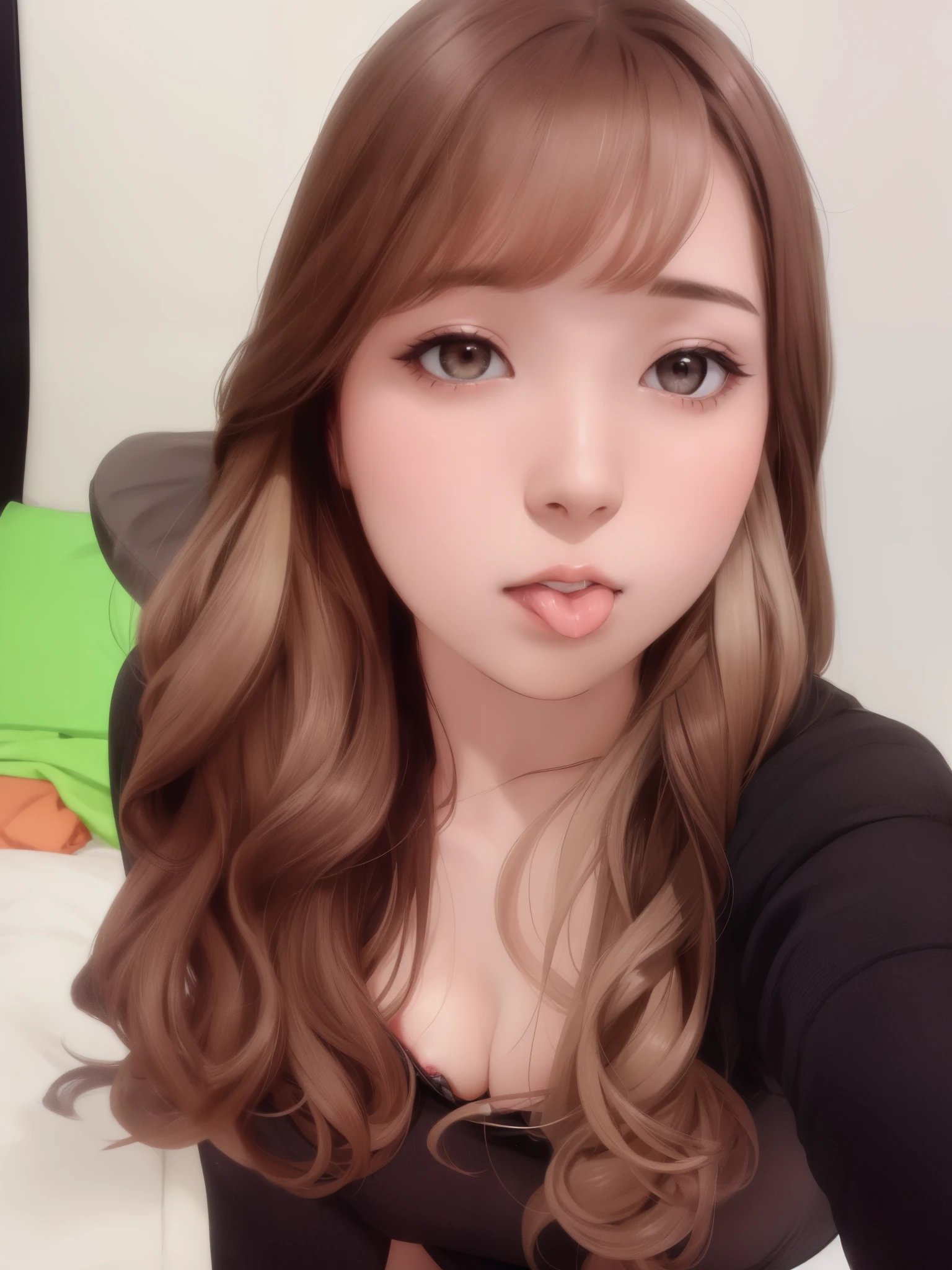 muste piece, best quality, horny girl、brown hair、Long Wave Hair、naked、nipple、breast、tits、NSFW, pov、 blow job, bukkake, penis、Kiss the penis、