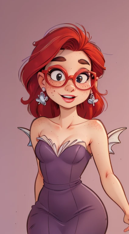 ((best quality, masterpiece:1.2), detailed face: 1.1) rizdraws) ultra-detailed face, soft pointed features, ultra high res, 1 (18yo), australian, looking at viewer, pale skin tone, face freckles), (small bust: 1.2), (disney little mermaid ariel), wearing (modest (purple) business dress) (red heels), (glasses), as an art and museum curator