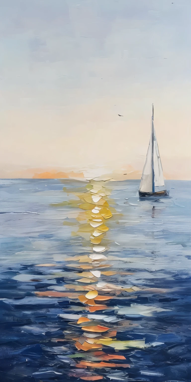 painting of a sailboat in the ocean at sunset with a flock of birds flying, sailboat, sailboat, 背景上的sailboat, on the sea, calm sea, calm night, oil painting on canvas, artwork, Oil paint on canvas, sailboats in the water, sailboats, oil painting on canvas, painting on canvas, sailboat