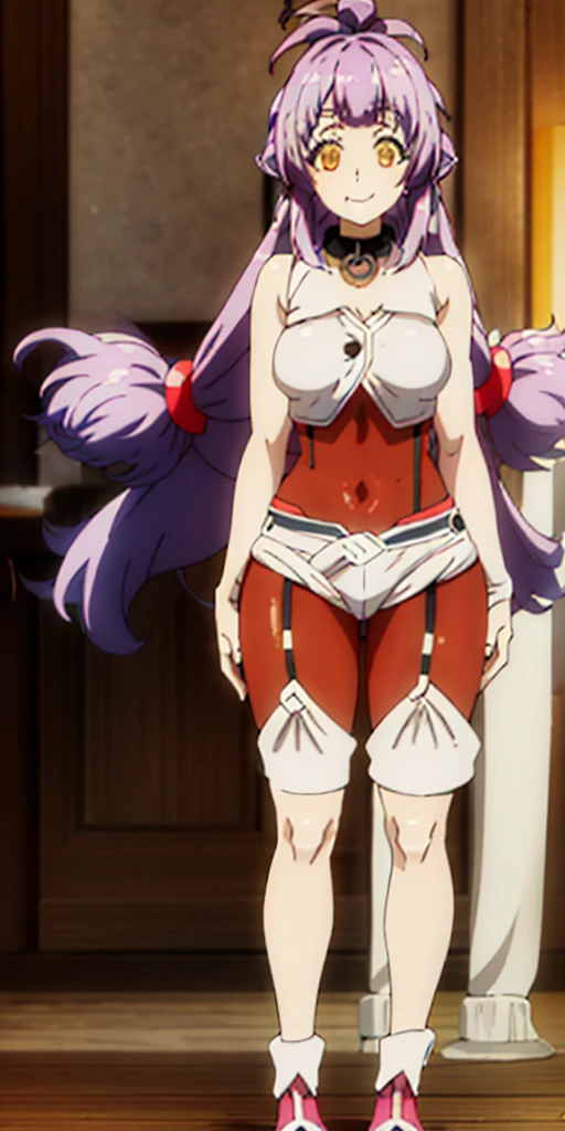 1girl full body standing, nice ass, Hairstyle with a braid, white colored hair, Yellow eyes, perfect lighting, muscular, thights, Mature woman, mummy, bellybutton, Abs, looks at the viewer (tmasterpiece, hiquality: 1.1) ssmile, Extremely huge breasts, Maternal, porcelain skin, extra very long hair, sparkly skin, good face, chest cover