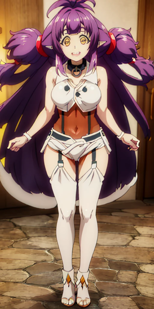 1girl full body standing, nice ass, Hairstyle with a braid, white colored hair, Yellow eyes, perfect lighting, muscular, thights, Mature woman, mummy, bellybutton, Abs, looks at the viewer (tmasterpiece, hiquality: 1.1) ssmile, Extremely huge breasts, Maternal, porcelain skin, extra very long hair, sparkly skin, good face, chest cover