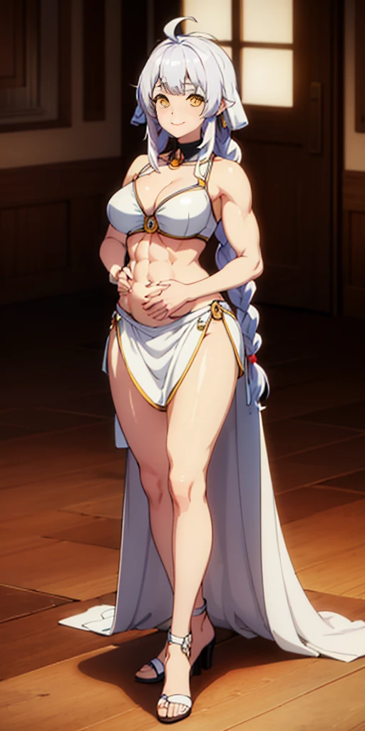 1girl full body standing, nice ass, Hairstyle with a braid, white colored hair, Yellow eyes, perfect lighting, muscular, thights, Mature woman, mummy, bellybutton, Abs, looks at the viewer (tmasterpiece, hiquality: 1.1) ssmile, Extremely huge breasts, Maternal, porcelain skin, extra very long hair, sparkly skin, good face, chest cover