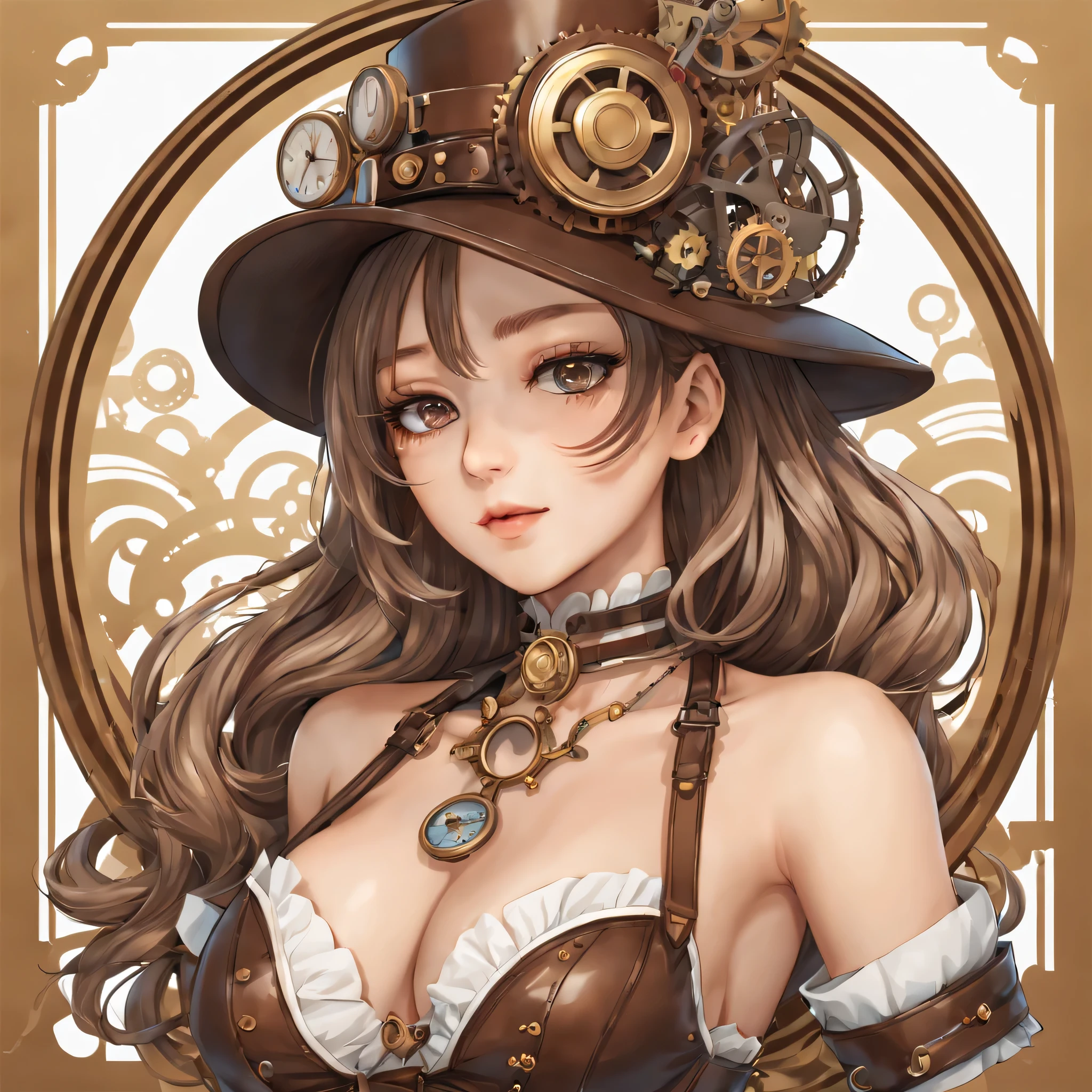 (a sticker,),(3D anime girl),bikini, elegance,beautyful face,(In circlerown background), (steampunk border), ultra - detailed, best quality, Detailed diagram, vectorized, 8K, 专业a sticker设计, Graphic design, vector lines, a sticker, Full-HD