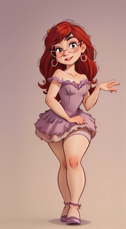 ((best quality, masterpiece:1.2), detailed face: 1.1) rizdraws) ultra-detailed face, soft pointed features, ultra high res, 1 (18yo), australian, looking at viewer, pale skin tone, face freckles), (small bust: 1.2), (disney little mermaid ariel), wearing (modest (purple) (loose) flowing business dress), (red heels), (glasses), (sea shell earrings), standing in a large columnd room