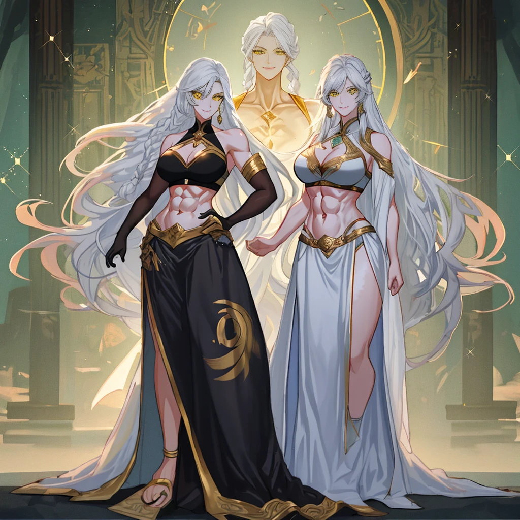 1girl full body standing, nice ass, Hairstyle with a braid, white colored hair, Yellow eyes, perfect lighting, muscular, thights, Mature woman, mummy, bellybutton, Abs, looks at the viewer (tmasterpiece, hiquality: 1.1) ssmile, Extremely huge breasts, Maternal, porcelain skin, extra very long hair, sparkly skin, good face, chest cover