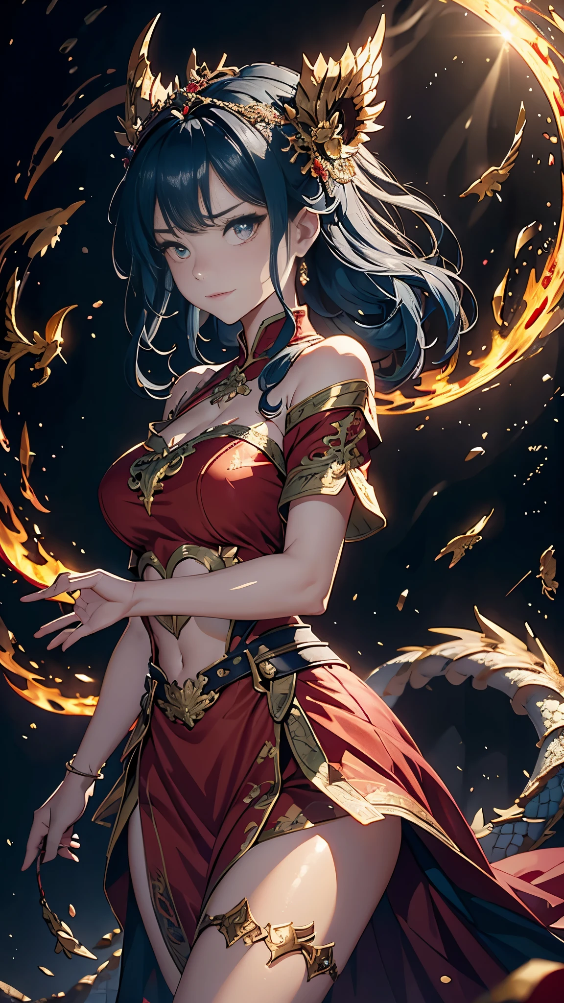 (the detail:1.4), 3D combination with dragons, Human dragon tail, A girl in dragon scale armor, The dragon pattern on the armor is golden, (Fiery red clothes), Off-the-shoulder fashion, Dynamic movement of sword dance in a human-centered circular circle, Showing meticulous、A fusion of fine punk steam and baroque lolita, The gesture of waving a large sword with both hands, Sword Qi spins, Countless meteorites fell from the sky, Intricate dragon pattern headdress, Fluttering lace flared miniskirt, Full breasts, On the chest is a dragon crystal that shines blue light, Clean long blue hair, long vertical curly, Burning ruins background, cinmatic lighting, devil pupils, His face showed inexplicable excitement。, Determination, The upper arm is tied with a ribbon, This big fireball is flying all over the sky, Rococo style, Depth of field, Depth of field, Ray tracing, Motion blur, surrealism, art-deco, hdr(HighDynamicRange), Textured skin, hyper HD, Masterpiece, High details, High quality, Best quality, A high resolution, 16k