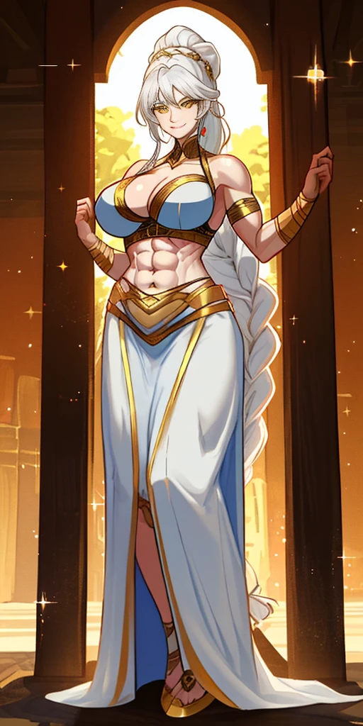 1girl full body standing, nice ass, Hairstyle with a braid, white colored hair, Yellow eyes, perfect lighting, muscular, thights, Mature woman, mummy, bellybutton, Abs, looks at the viewer (tmasterpiece, hiquality: 1.1) ssmile, Extremely huge breasts, Maternal, porcelain skin, extra very long hair, sparkly skin, good face, chest cover