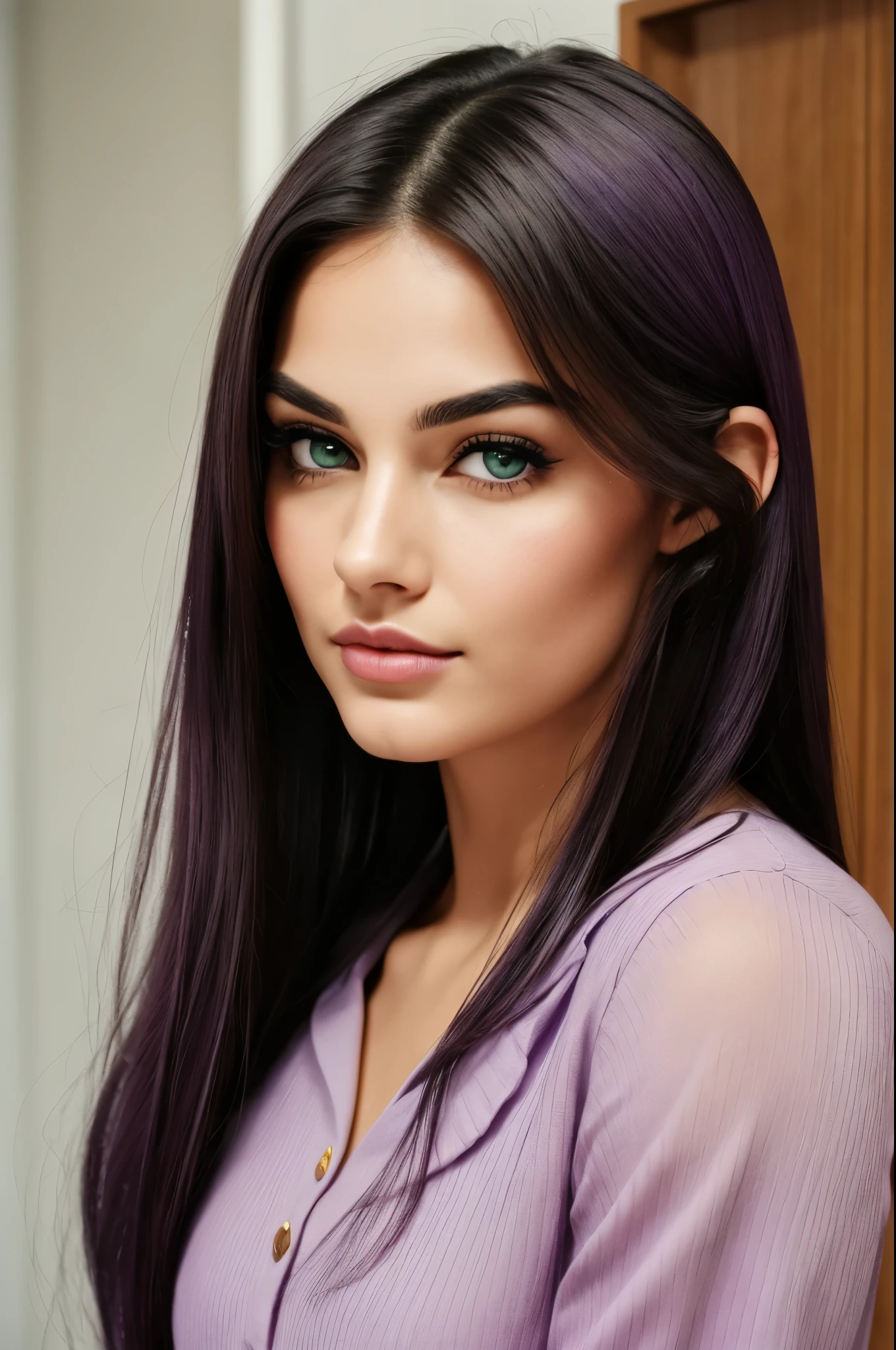She is 5 feet 6 inches with purple hair and green eyes. Her hair flows like the waves of the ocean. Her eyes are big and almond-shaped. Her eyes are seductive. Her eyebrows are full but perfectly shaped and angled. She has high cheekbones and a button nose with a nice point at the end. Her lips are full and luscious. Her mouth is not wide, but the perfect width. She has cute small ears with an attached lobe that fits her face perfectly. A nice angled jaw to a slim chin with a small notch in the middle that points to her beautiful thick bottom lip. Her skin is a nice dark olive complexion. She faces the camera in a passport photo with Kodak 400 gold film. Candid photo. Her lips are pursed and is looking at the camera seductively.