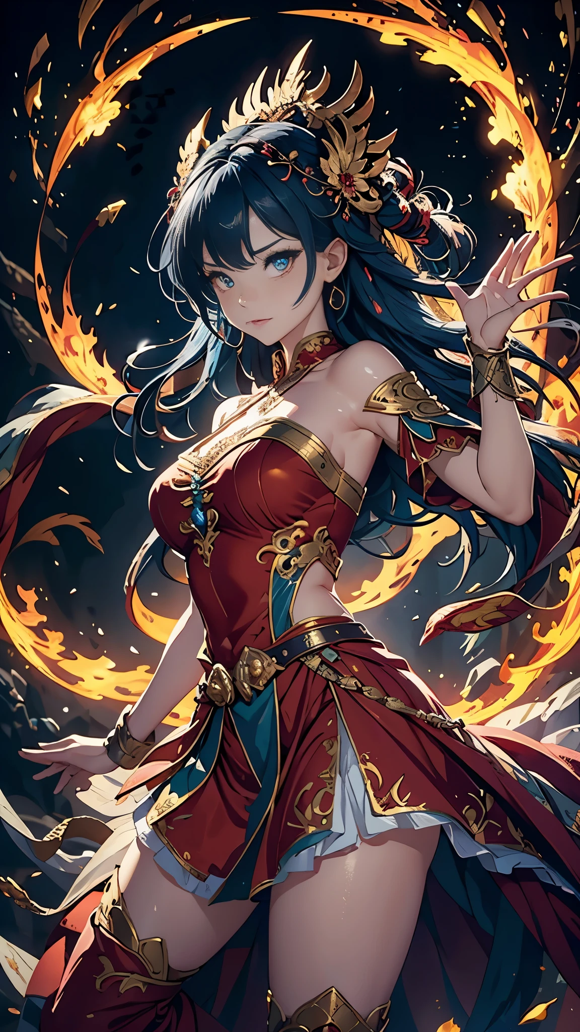 （the detail：1.4）, 3D combination with dragons, Human dragon tail, A girl in dragon scale armor, The dragon pattern on the armor is golden, (Fiery red clothes), Off-the-shoulder fashion, Dynamic movement of sword dance in a human-centered circular circle, Showing meticulous、A fusion of fine punk steam and baroque lolita, The gesture of waving a large sword with both hands, Sword Qi spins, Countless meteorites fell from the sky, Intricate dragon pattern headdress, Fluttering lace flared miniskirt, Full breasts, On the chest is a dragon crystal that shines blue light, Clean long blue hair, long vertical curly, Burning ruins background, cinmatic lighting, devil pupils, His face showed inexplicable excitement。, Determination, The upper arm is tied with a ribbon, This big fireball is flying all over the sky, Rococo style, Depth of field, Depth of field, Ray tracing, Motion blur, surrealism, art-deco, hdr（HighDynamicRange）, Textured skin, hyper HD, Masterpiece, High details, High quality, Best quality, A high resolution, 16k