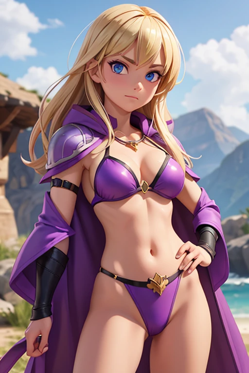 purple bikini armor and purple cloak,,blonde blue eyes,white people,evil female executive,A little more adult