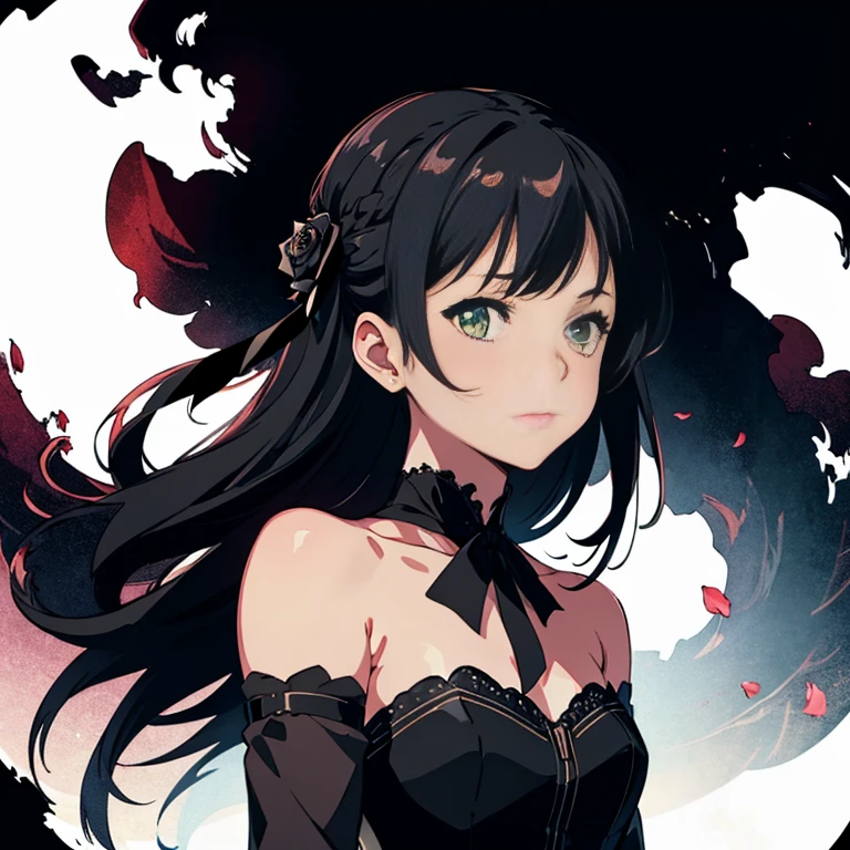 ((masterpiece, best quality)),best aesthetic,1girl, solo, long hair, black dress, flower, ribbon, black background, black hair, rose, hair ribbon, green eyes, long sleeves, white rose, closed mouth, black ribbon, upper body, cinematic lighting