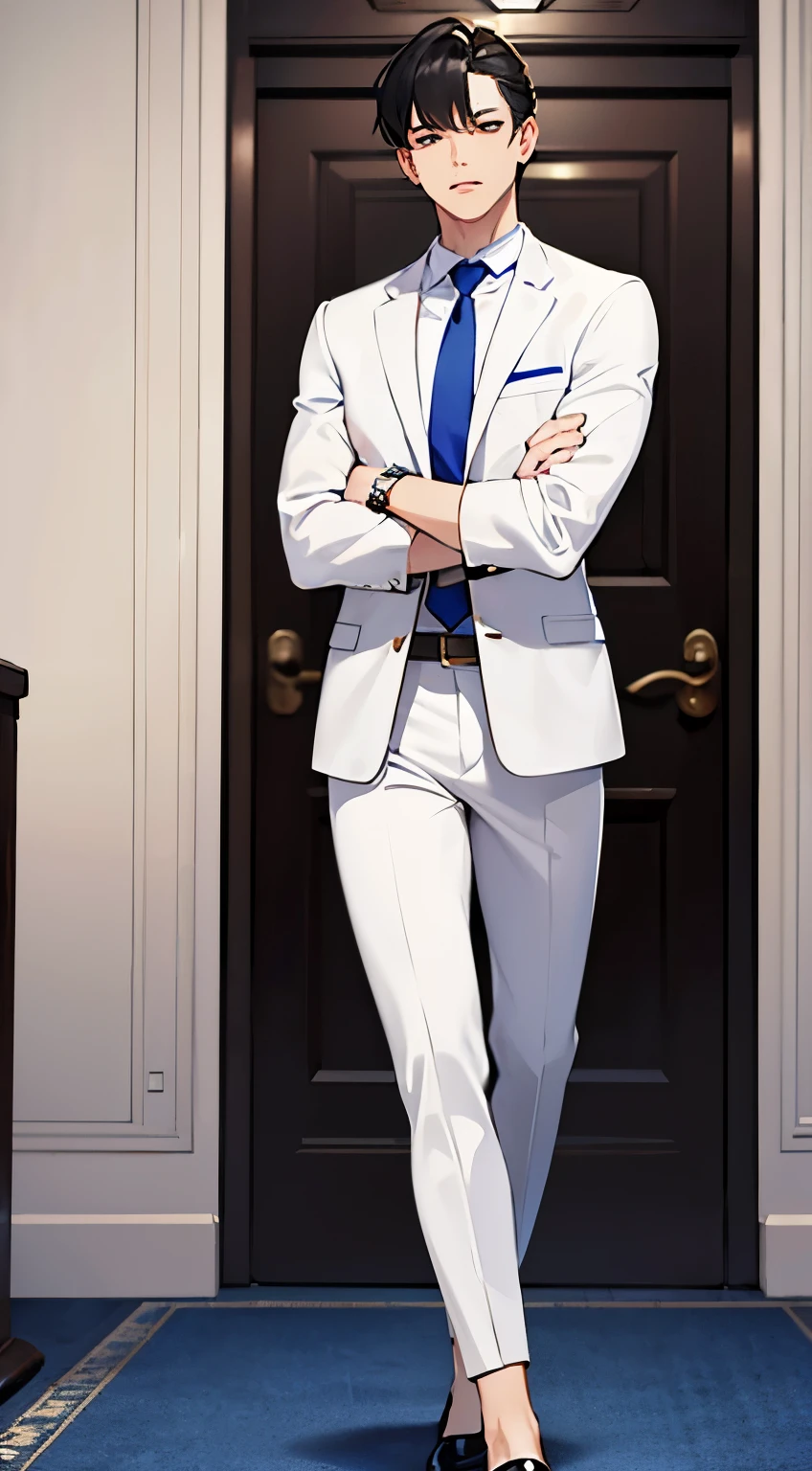 one man, white luxury suit、luxury watch ties、human body as a whole、How to stand politely like a hotel worker、Both feet touch the ground from toe to heel、portfolio、4k