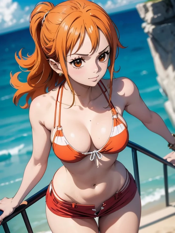 Nami wears a bikini top and super red miniskirt, uma obra-prima , Retrato bonito , arte de anime digital detalhada , Muito detalhes Artgerm haha, deviantart artstation cgsscosiety , fanart melhor artstation, Artgerm. alto detalhamento, seios grandes, olhando para baixo, pose dinamica