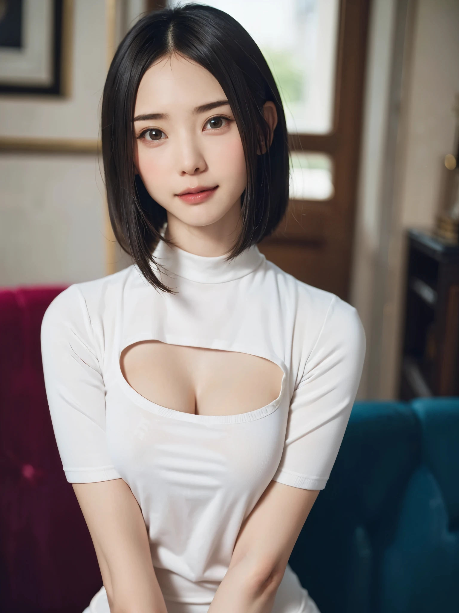 (pieces fly, highest quality、High resolution:1.4、very attractive beauty、Adds intense highlights to the eyes、Please look closely at the camera:1.4、Beautiful woman full of charm、Ideal ratio body proportions、perfect anatomy、brunette short bob hair、shiny hair、bangs:1.4、光沢のあるbangs:1.4、lip gloss),1 girl, Report, light brown shiny hair, scarf,genuine, look at the audience、Please tilt your head slightly, bright colored crystal light blue eyes, shiny short hair、 White turtleneck costume with a hole in the center of the chest,Sexy white turtleneck knit sweater with a round hole in the middle of the chest、 lips, lip gloss, Upper body、Big eyes、eyelashes are a little red、I&#39;It&#39;s embarassing)、((italian road in winter))、((short hair with Big eyess、Give students very powerful highlights、{huge|big breasts|hugeな|mega} generally small breasts:1.6、very big breastsger generally small breasts、look at the audience、very beautiful beauty、stick out ears、long neck、smile、smile、happy、beautiful teeth、口を開いてsmile、heart-shaped pupil))、28 years old、very cute super model、