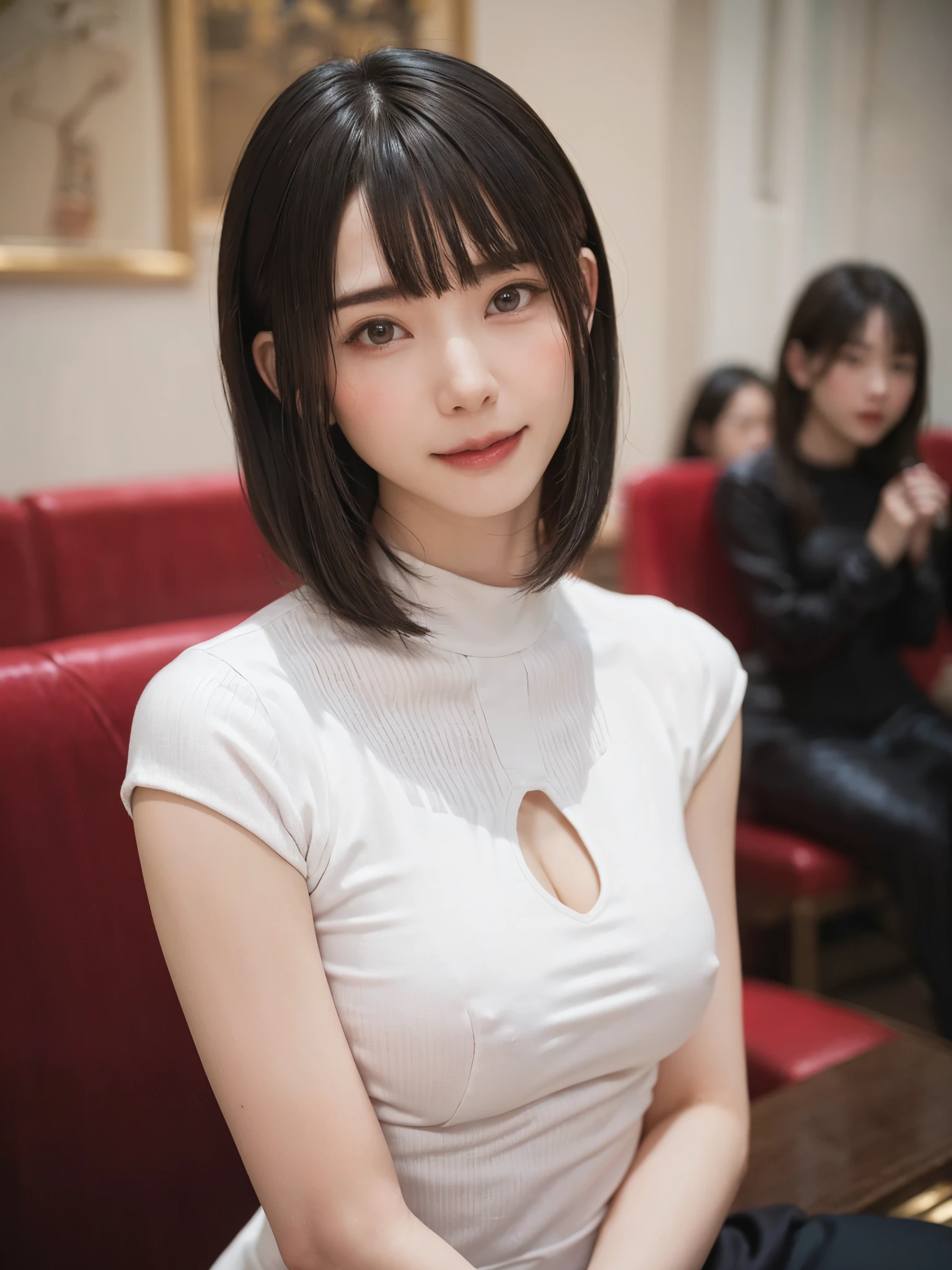 (pieces fly, highest quality、High resolution:1.4、very attractive beauty、Adds intense highlights to the eyes、Please look closely at the camera:1.4、Beautiful woman full of charm、Ideal ratio body proportions、perfect anatomy、brunette short bob hair、shiny hair、bangs:1.4、光沢のあるbangs:1.4、lip gloss),1 girl, Report, light brown shiny hair, scarf,genuine, look at the audience、Please tilt your head slightly, bright colored crystal light blue eyes, shiny short hair、 White turtleneck costume with a hole in the center of the chest,Sexy white turtleneck knit sweater with a round hole in the middle of the chest、 lips, lip gloss, Upper body、Big eyes、eyelashes are a little red、I'It's embarassing)、((italian road in winter))、((short hair with Big eyess、Give students very powerful highlights、{huge|big breasts|hugeな|mega} generally small breasts:1.6、very big breastsger generally small breasts、look at the audience、very beautiful beauty、stick out ears、long neck、smile、smile、happy、beautiful teeth、口を開いてsmile、heart-shaped pupil))、28 years old、very cute super model、
