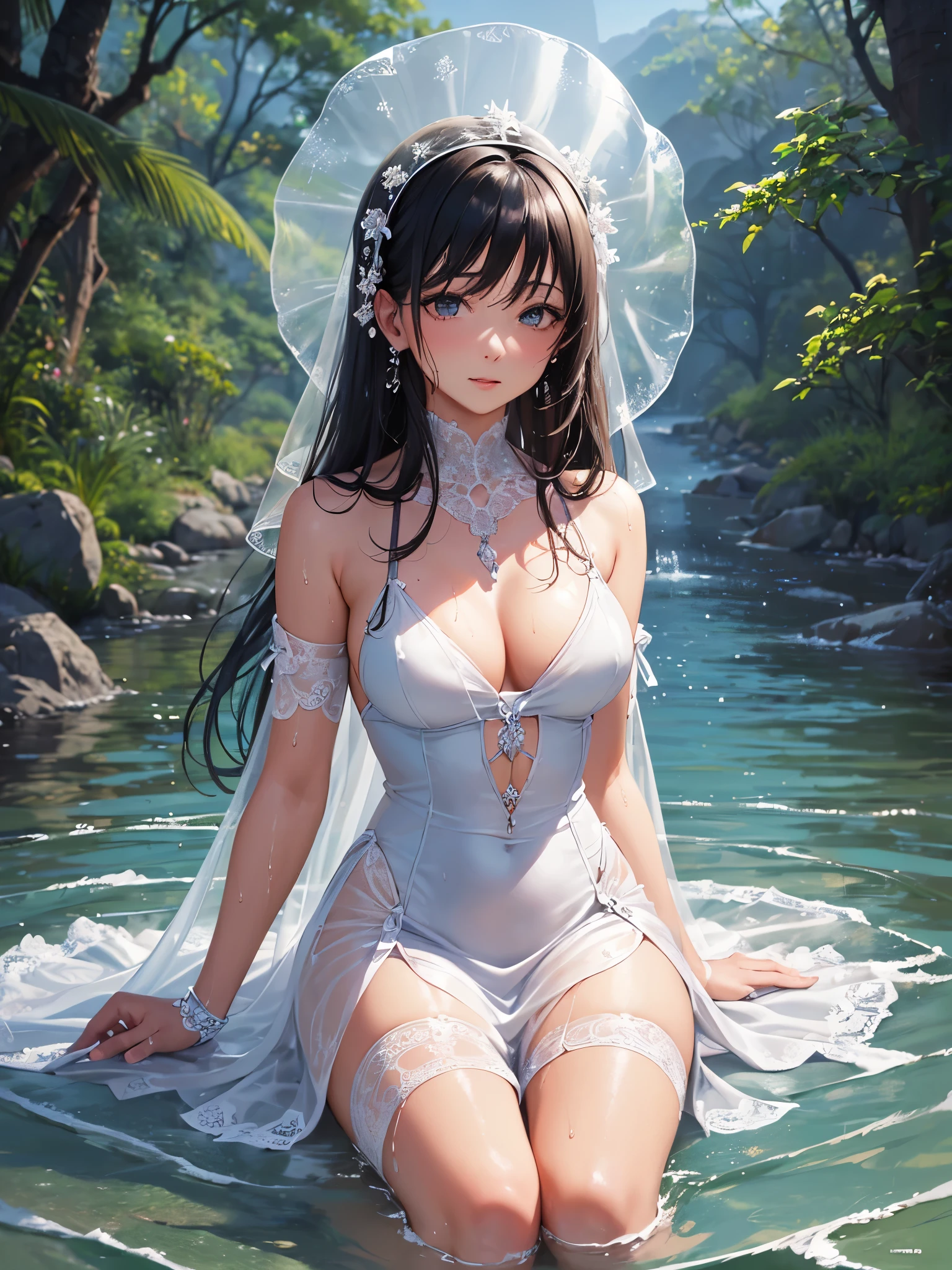 ((top quality)),(ultra high resolution),(Super detailed),(detailed description),((Best Photorealistic)),(Finest works of art),super precision art,amazing art of depiction,(Art with precise depiction in every detail:1.5), (1 woman:1.5),beautiful and well-shaped face:1.6,Delicate proportions:1.6,(A dress that gets wet and sticks to your body:1.8), (Kiyokawa:1.8),splash of water:1.6,